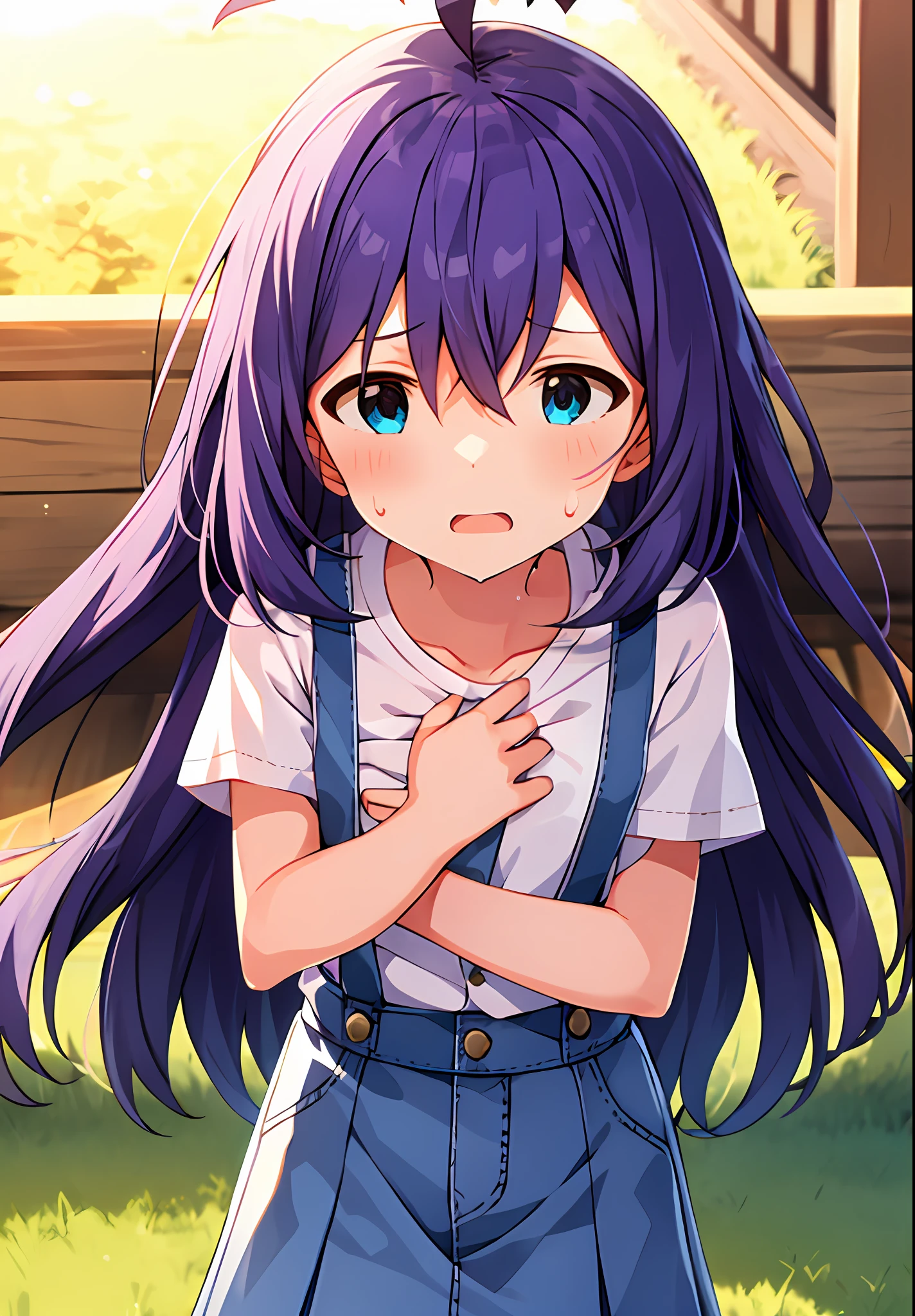 mochizuki anna,1girl in,Solo,Long hair,Purple hair,Medium chest.Ahoge,Blue eyes.Short stature.white t-shirts.suspenders.Skirt.Evening glow.the setting sun..Despair face.Sweat.Opening Mouth.clench your fists.up chest.