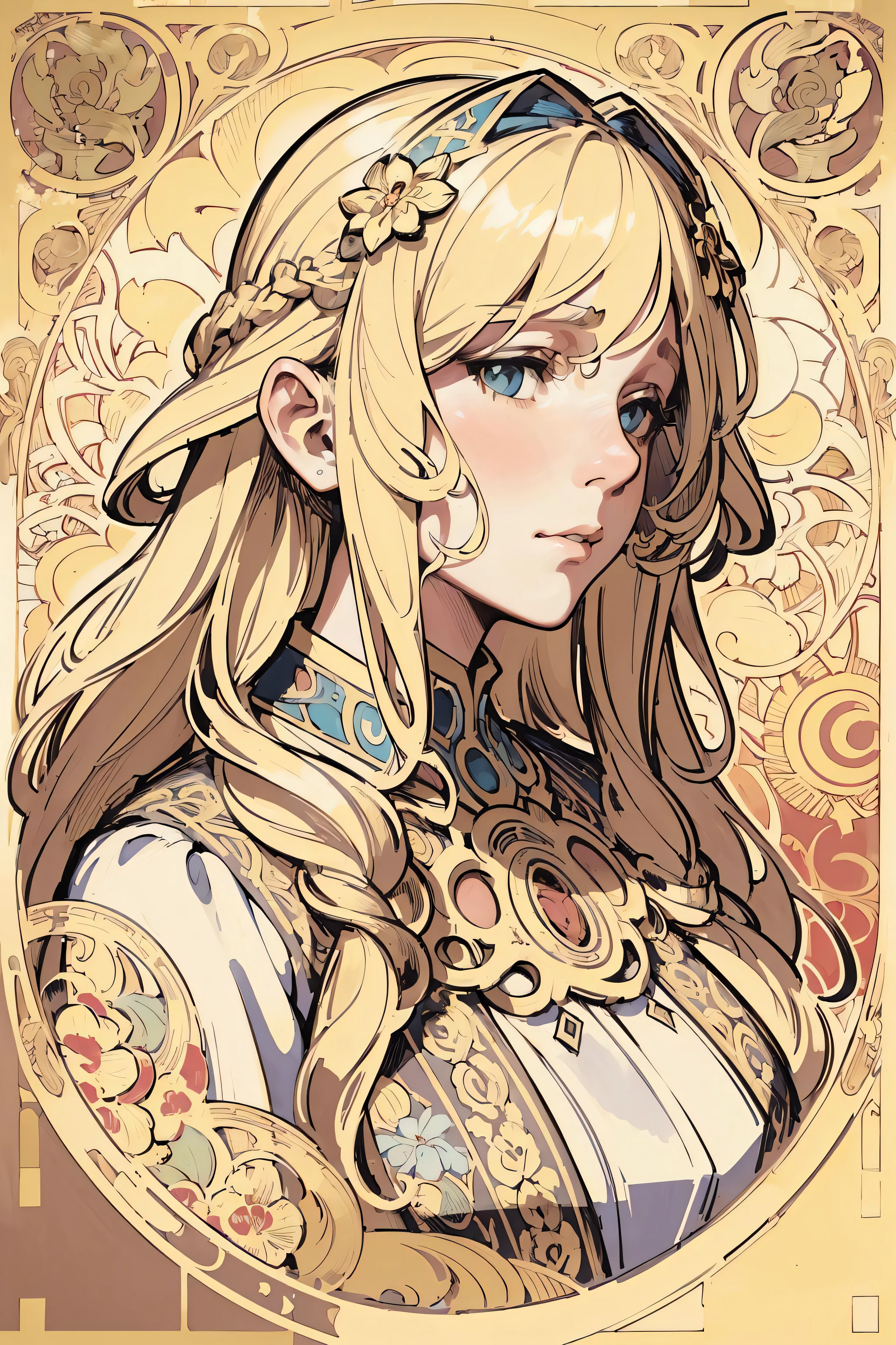 face portrait of a European female , long curly hair, blond, floral frame, Decorative panels, abstract
artistic, by Alphonse Mucha
(Masterpiece, Best Quality, Highres:1.4), Detailed, Intricate Details, 4K, color splashes, line art, fibonacci,