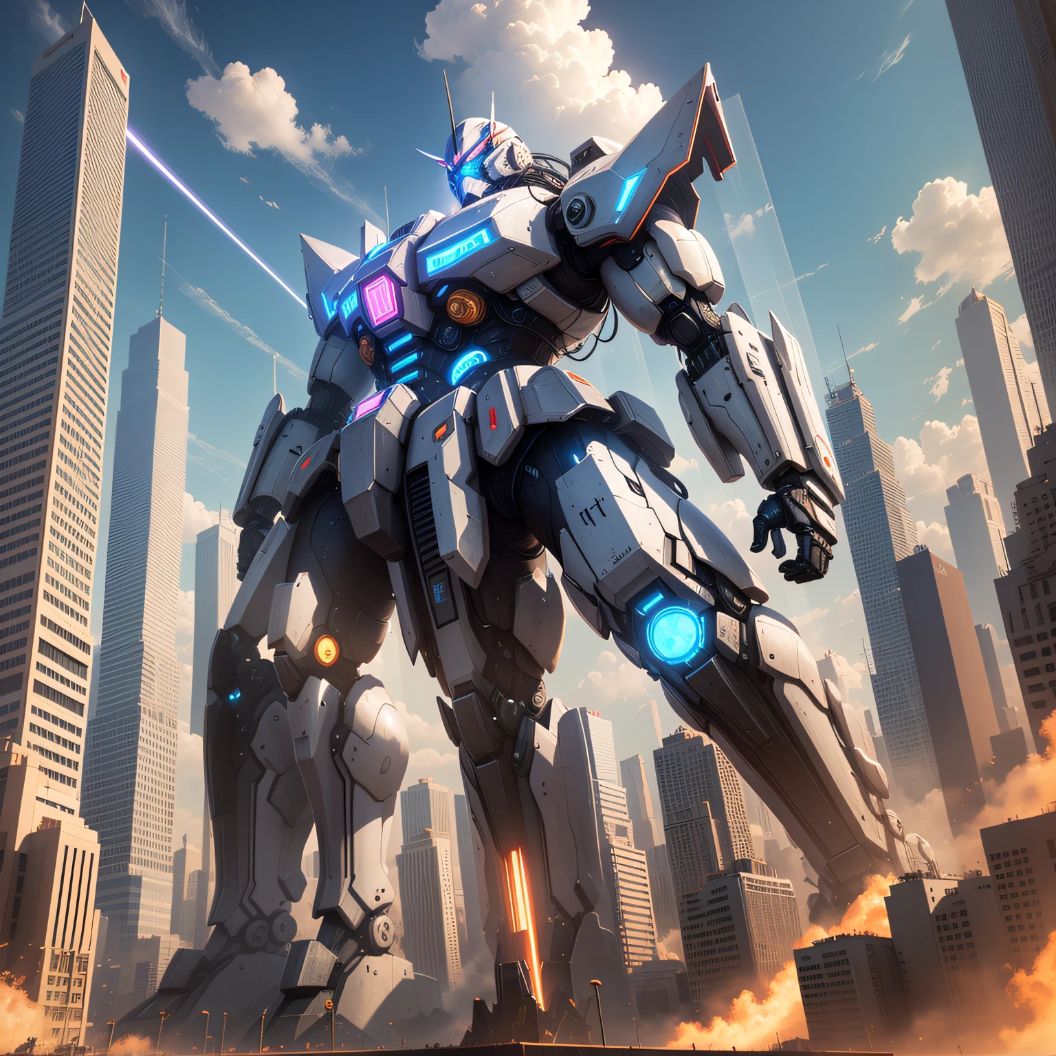 Masterpiece, Best Quality, Mecha, No Humans, (Full Body), (Black Armored Mech: 1.5), (Axisymmetry: 1.4), (HDR), (Cinematic Light: 1.1), Blue Eyes, Science Fiction, Fire, Laser Beam, War, Conflict, Destroyed City Background Armed with a weapon, (holding a huge weapon: 1.5), Holding a very large shield, Mecha Maiden, --auto