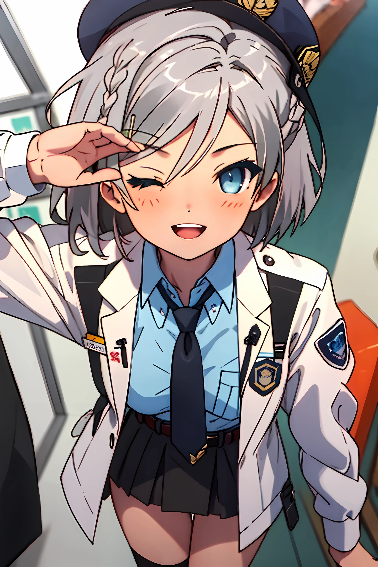 masterpiece, best quality, high res, perspective, 1girl, (sharp focus), looking ahead, blue eyes, medium breasts, ahoge, hair ornament, twin braids, necktie, halo, bangs, hair between eyes, blue eyes, shirt, skirt, smile, white police uniform, open mouth, hat, blue shirt, (white jacket:1.1), belt pouch, silver hair, black stockings, salute, hand on own hip, white background, one eye closed