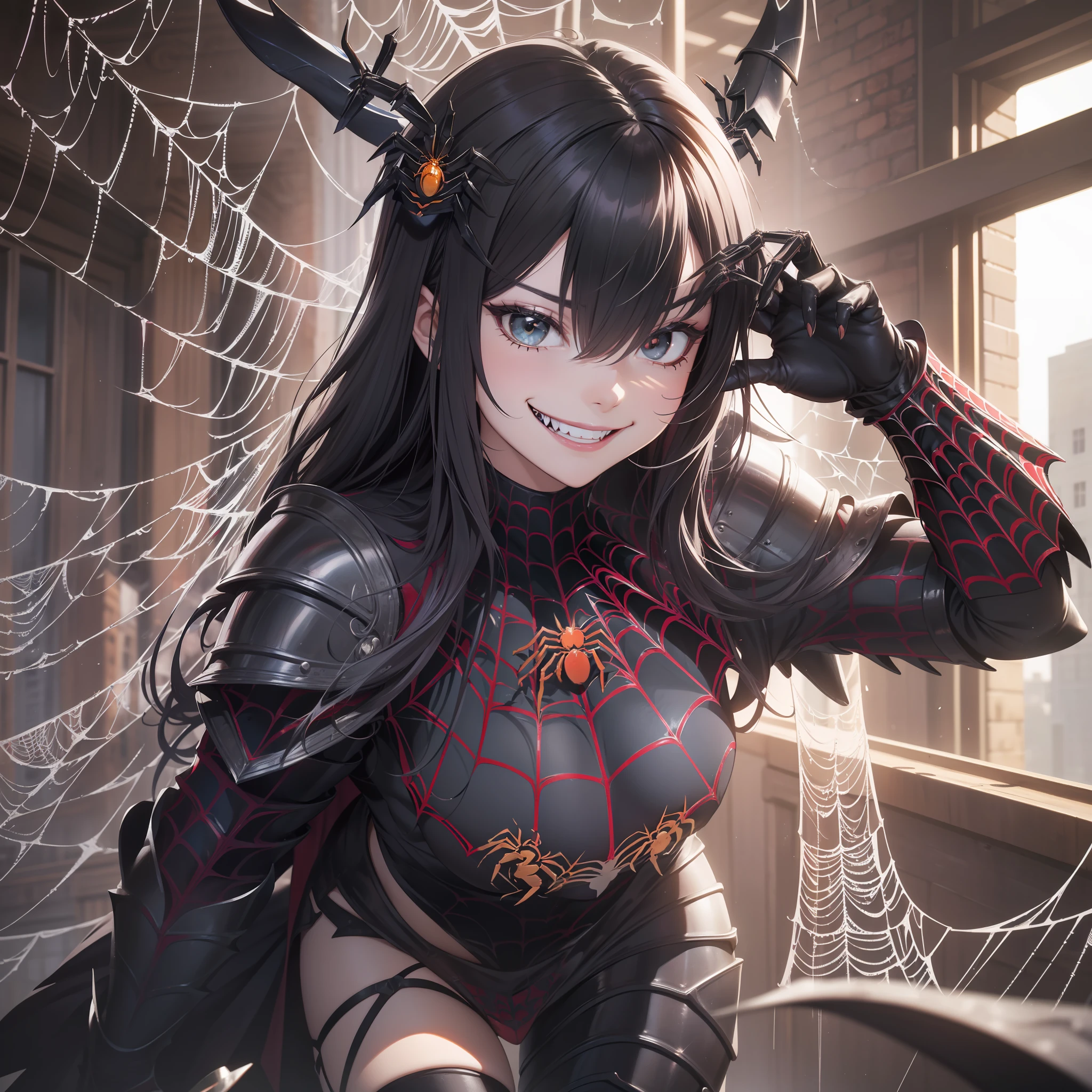 masutepiece, Best Quality, hyper detailed illustration，beautiful artwork，hight resolution，one girls、独奏、(Heavy black armor:1.5)、(Bikini 1.1)、(hair adornments:1.2)、straggling hair、long black-purple hair)，(Over-the-knee boots:1.1)、cowboy  shot，fish-eye lens、(Thigh Armor:1.3)、(Spider motif:1.1)，(evil smile:1.5)，(Tsurime:1.2)，(Grinning)，(Old Western-style building:1.6)，5-Fingers、(Luxurious decoration)，(spider webs:1.5)、Dynamic Pose，