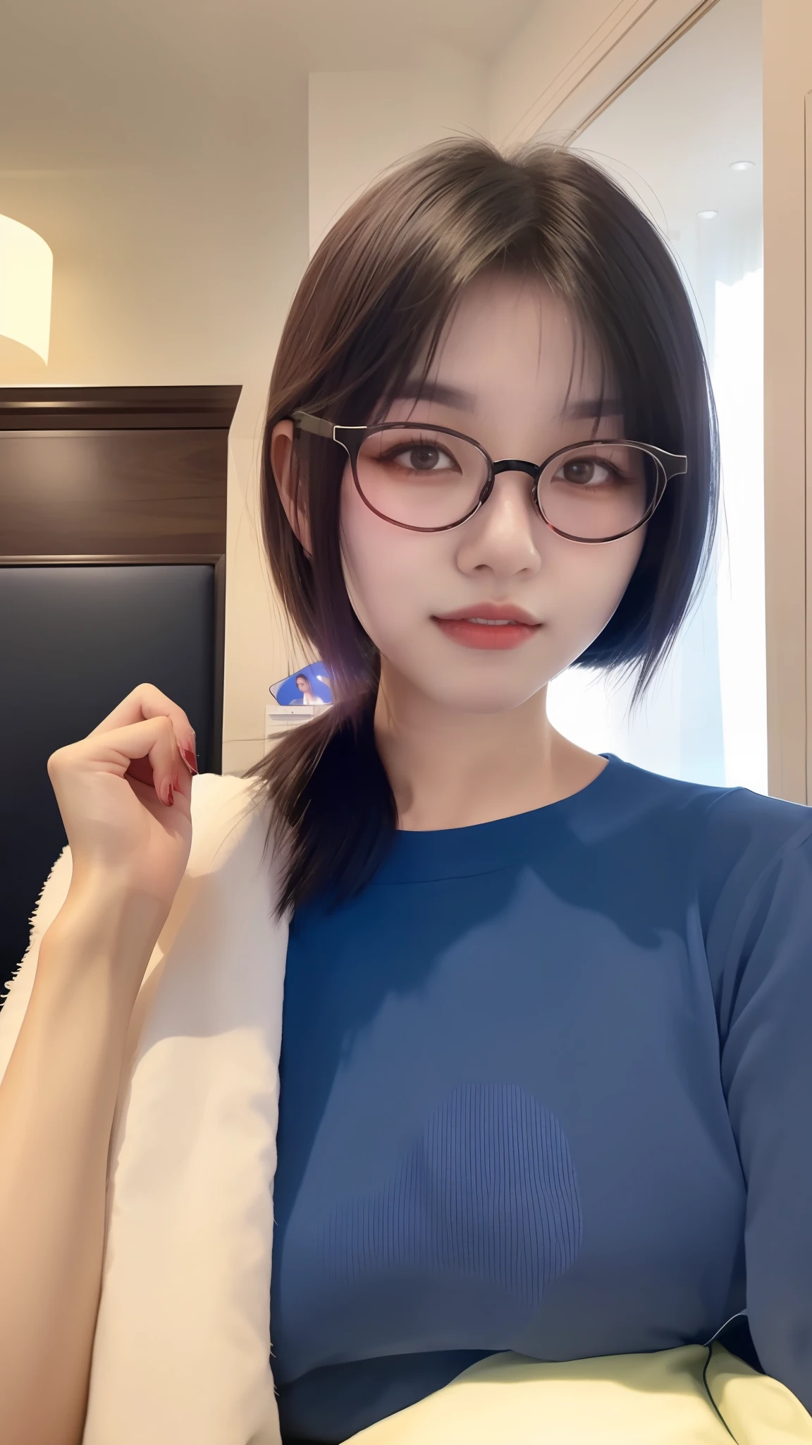 The Arad woman with glasses lies on the bed，With glasses, wearing small round glasses, 2 7 years old, wearing thin large round glasses, jaeyeon nam, wearing round glasses, Korean girl, a girl with round glasses, 2 8 years old, 2 9 years old, wears glasses,