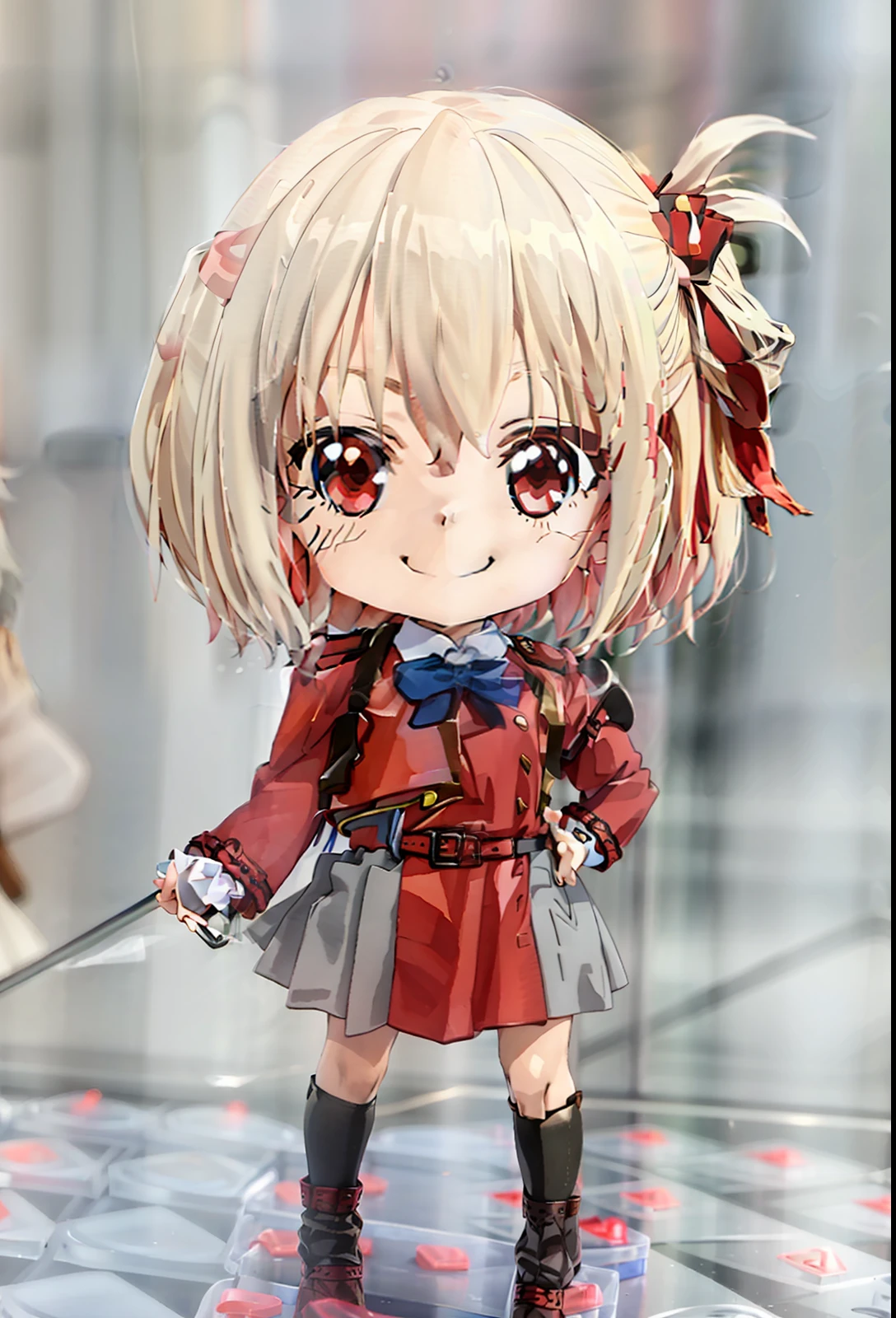 Close up portrait of doll with red coat and red bow, style as nendoroid, nendoroid, good smile company anime style, nendroid, Nendoroid 3D, with index finger, pathfinder nendoroid, good smile company, Red uniform, watercolor Nendoroid, Karl Marx's anime Nendoroid