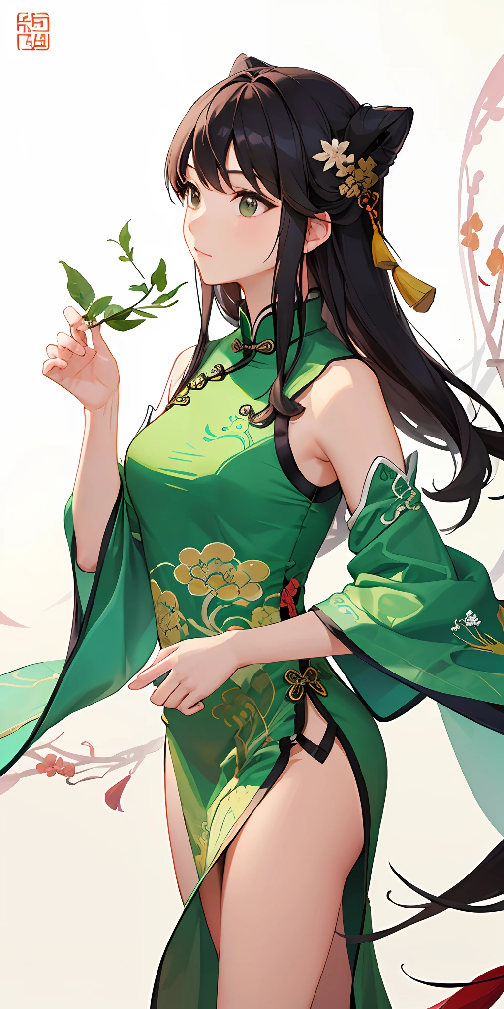 The Chinese girl in a gorgeous green Chinese dress is a dignified Chinese painting dressed conservatively