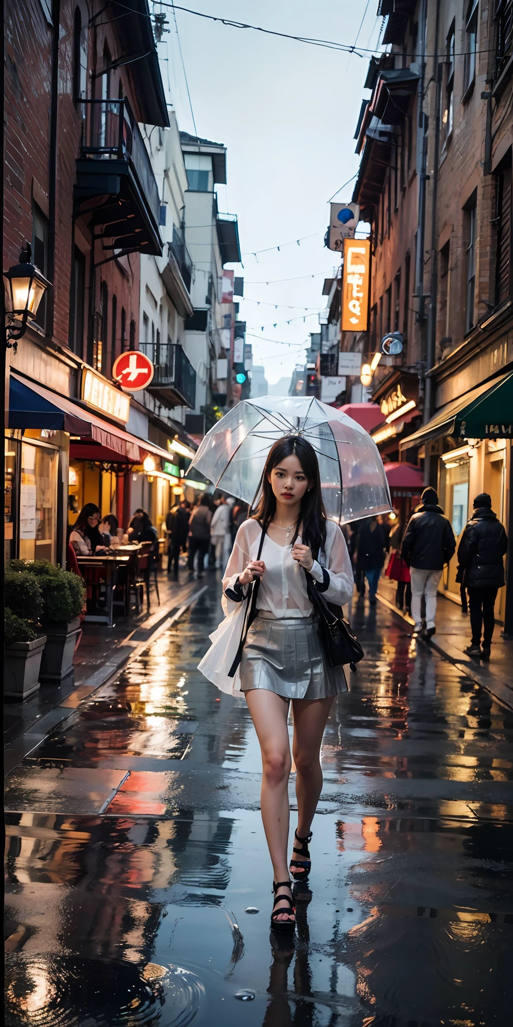 (8k, RAW photo, high sensitivity, best quality, masterpiece, ultra high resolution, fidelity: 1.25), upper body, (night), rain, walk, city lights, delicate face, wet white shirt, wet organza skirt