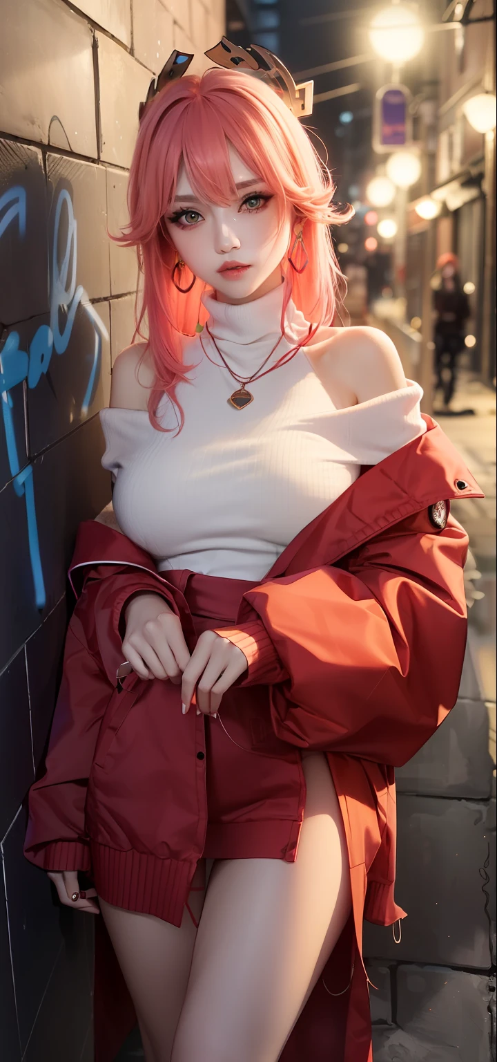 (Extreme meticulousness，Masterpiece quality)，photorealestic，(Slightly mysterious)，Fresh and pleasant，(Beautiful neon night view)，(alley/temple/SakuraNS)courtyard，(1个Giant Breast Girl，Sexy off-the-shoulder，Long pink hair with red headdress，Green eyes，Sharp sight，Earrings and choker embellishments，Wear neon shirts and jackets，Wear yours with a turtleneck sweater，Graffiti on brick walls，Wanton bragging in dim light，Feminine, mean and seductive at the same time)。