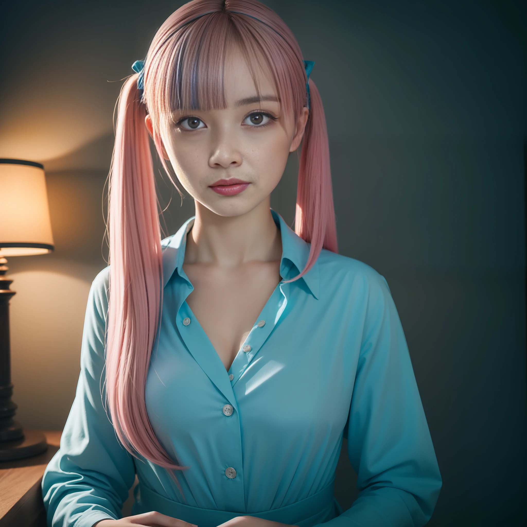 (masterpiece), (best quality), photorealism, realistic, ultra detailed, 8k resolution, (1girl), solo, beautiful, pink twintail hair, blue highlight hair, minato aqua, front light, cinematic light, cold light, cosplay, minato aqua cosplay, vtuber, indoor, bedroom