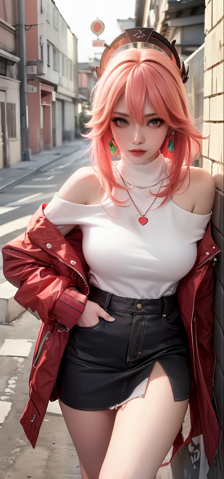 (Extreme meticulousness,Masterpiece quality),photorealestic,(Slightly mysterious),Fresh and pleasant,(Beautiful neon night view),(alley/temple/SakuraNS)courtyard,(1个Giant Breast Girl,Sexy off-the-shoulder,Long pink hair with red headdress,Green eyes,Sharp sight,Earrings and choker embellishments,Wear neon shirts and jackets,Wear yours with a turtleneck sweater,Graffiti on brick walls,Wanton bragging in dim light,Feminine, mean and seductive at the same time)。