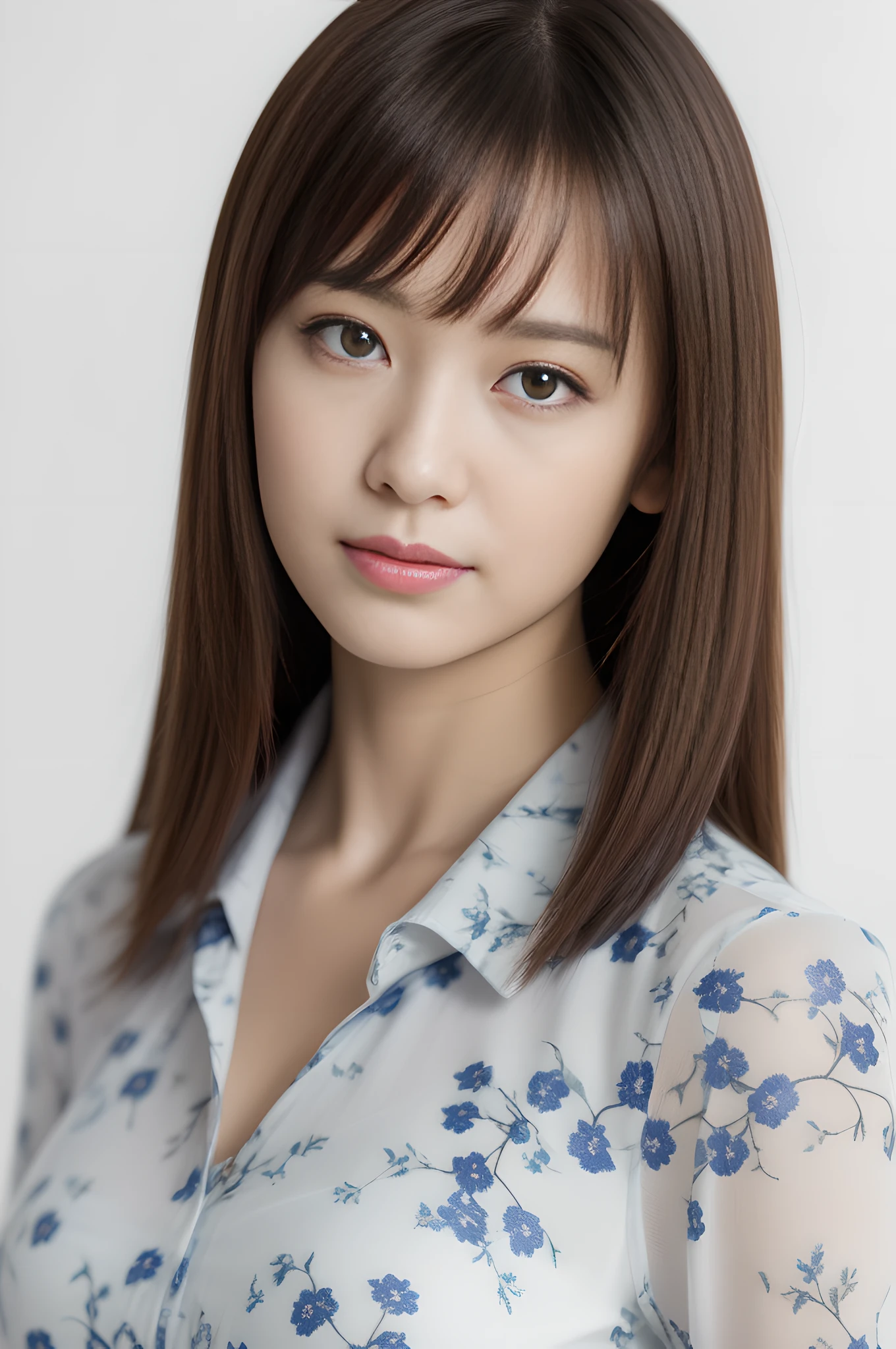 dressed, (photorealistic: 1.4), (hyperrealistic: 1.4), (realistic: 1.3), (smooth lighting: 1.05), (cinematic lighting quality improvement: 0.9), 32K, 1 girl, Japan woman, realistic lighting, backlit, face lights, ray tracking, (bright light: 1.2), (quality improvement: 1.4), ( Top quality realistic textured skin: 1.4), fine detailed eyes, detailed face, fine quality eyes, brown eyes, (tired, sleepy and satisfied: 0.0), blue floral white silk blouse with ruffles and lace, thin string ribbon tie, dark brown hair, short cropped bangs hanging on the forehead, small flower headband, one adult woman with a faint smile, (white background)