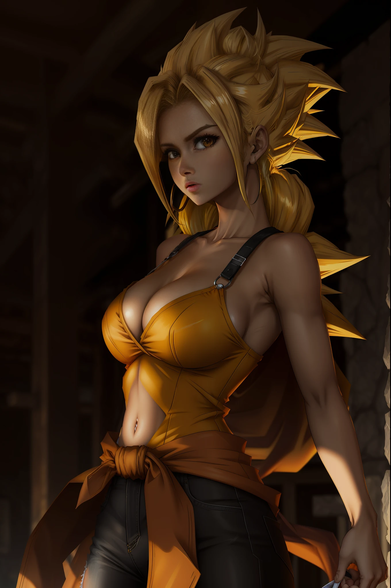 masterpiece, best quality, female goku, femalesuper Saiyan, yellow hair
