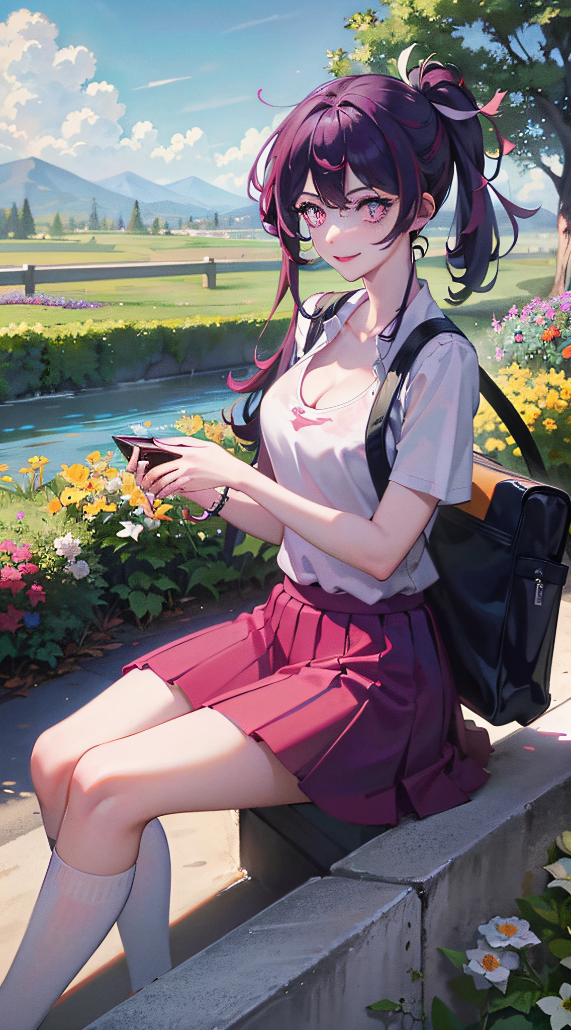 The best quality eyes:1.1),(tmasterpiece:1.2),sportrait,1girll,Ai Hoshino_(I push the child),Purple colored hair,Pink pick dye,Purple eye,Star-shaped eyes,idoly,swimming uniform,cleavage,huge tit,hair-bun,Medium hair,Separate the breasts,outside,trpical garden,ssmile, (Be red in the face:1.1), fresh flowers, Pure_Innocent_Girl, PureErosFace_V1, (((depth of fields))), Pale and Lustrous Skin,Be red in the face,Red ears,long whitr hair,Single horsetail,black lence stockings,Ray traching,NVIDIA RTX,Hyper-Resolution,Unreal 5,Lateral face。