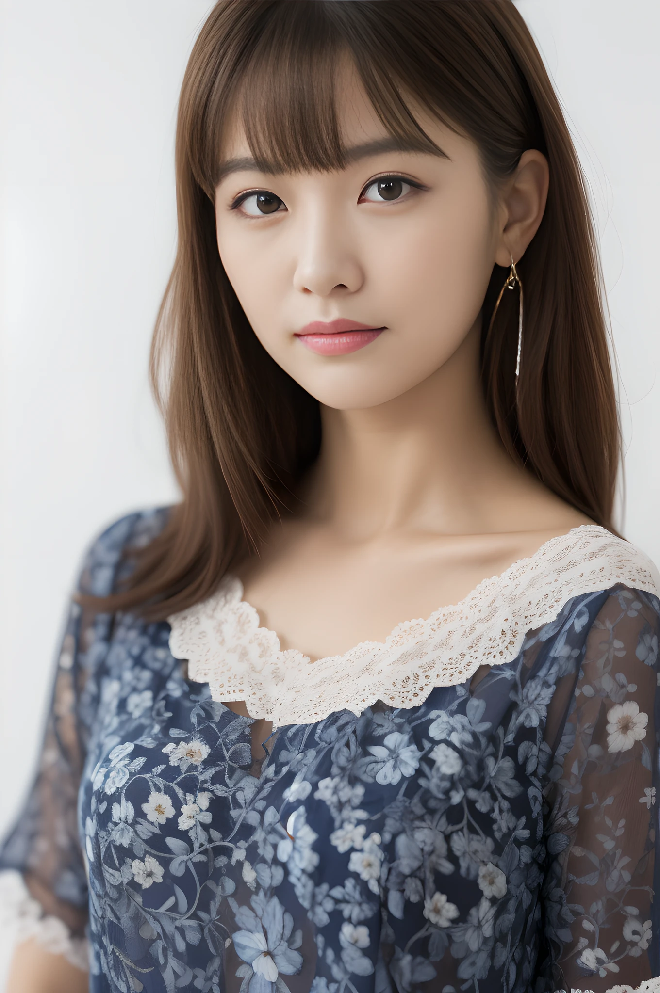 dressed, (photorealistic: 1.4), (hyperrealistic: 1.4), (realistic: 1.3), (smooth lighting: 1.05), (cinematic lighting quality improvement: 0.9), 32K, 1 girl, Japan woman, realistic lighting, backlit, face lights, ray tracking, (bright light: 1.2), (quality improvement: 1.4), ( Top quality realistic textured skin: 1.4), fine detailed eyes, detailed face, fine quality eyes, brown eyes, (tired, sleepy and satisfied: 0.0), blue floral white silk blouse with ruffles and lace, thin string ribbon tie, dark brown hair, short cropped bangs hanging on the forehead, small flower headband, one adult woman with a faint smile, (white background)