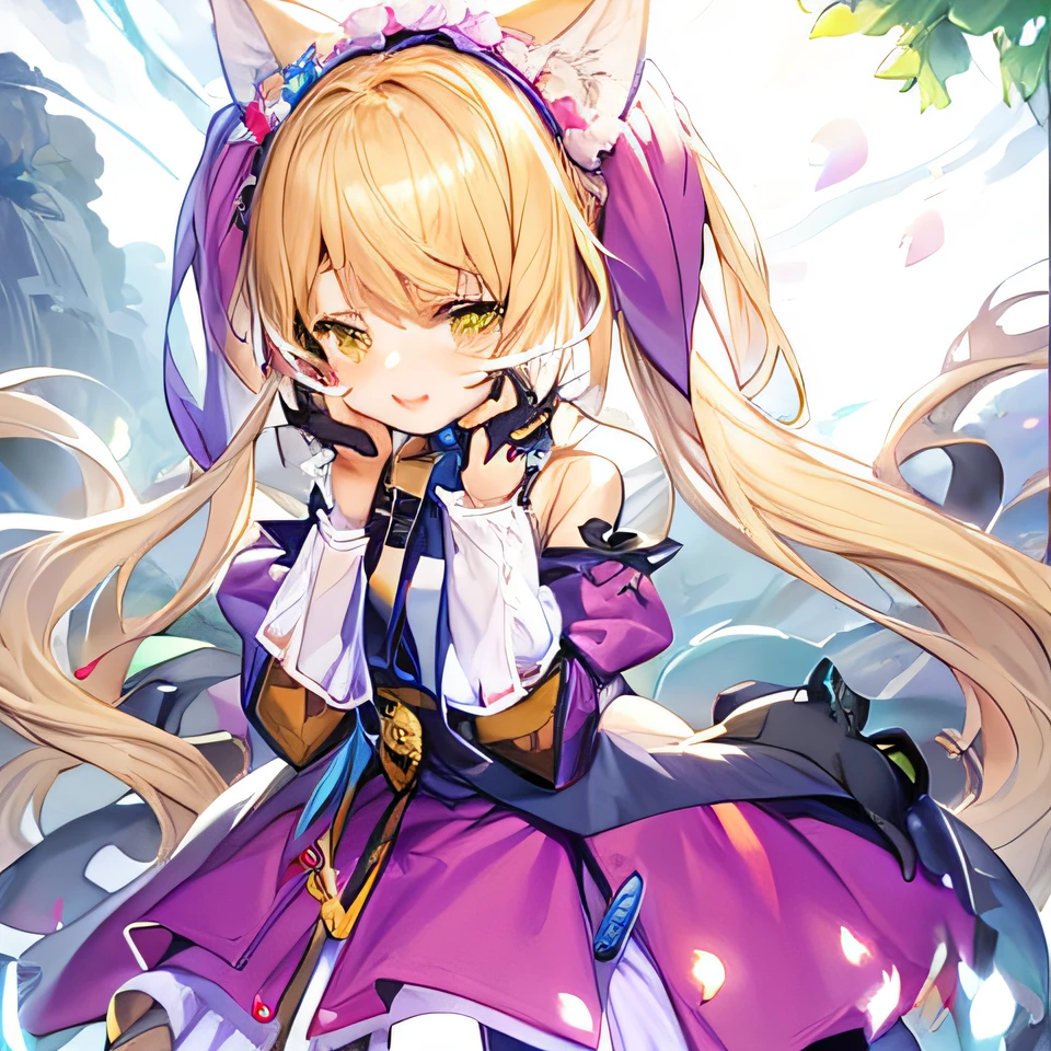 Long blonde anime girl in purple dress and cat ears, Splash art anime Loli, Very beautiful anime cat girl, anime visual of a cute girl, cute anime waifu in a nice dress, Ayaka Genshin impact, azur lane style, A scene from the《Gun God video game, beautiful anime catgirl, Kawasi, anime girl with cat ears --auto