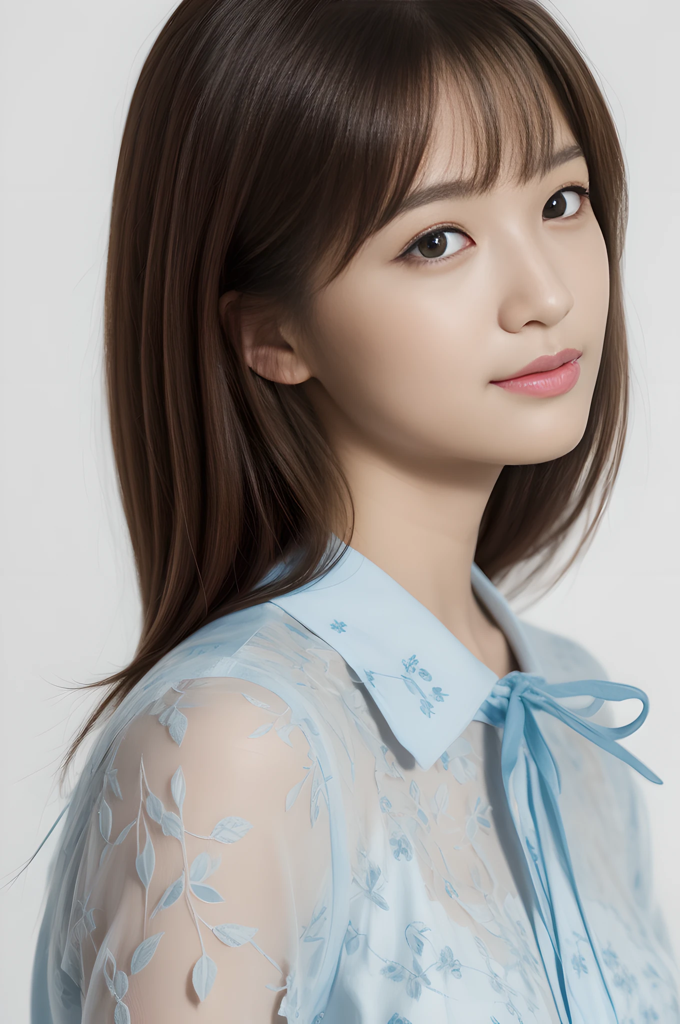 dressed, (photorealistic: 1.4), (hyperrealistic: 1.4), (realistic: 1.3), (smooth lighting: 1.05), (cinematic lighting quality improvement: 0.9), 32K, 1 girl, Japan woman, realistic lighting, backlit, face lights, ray tracking, (bright light: 1.2), (quality improvement: 1.4), ( Top quality realistic textured skin: 1.4), fine detailed eyes, detailed face, fine quality eyes, brown eyes, (tired, sleepy and satisfied: 0.0), blue floral white silk blouse with ruffles and lace, thin string ribbon tie, dark brown hair, short cropped bangs hanging on the forehead, small flower headband, one adult woman with a faint smile, (white background)