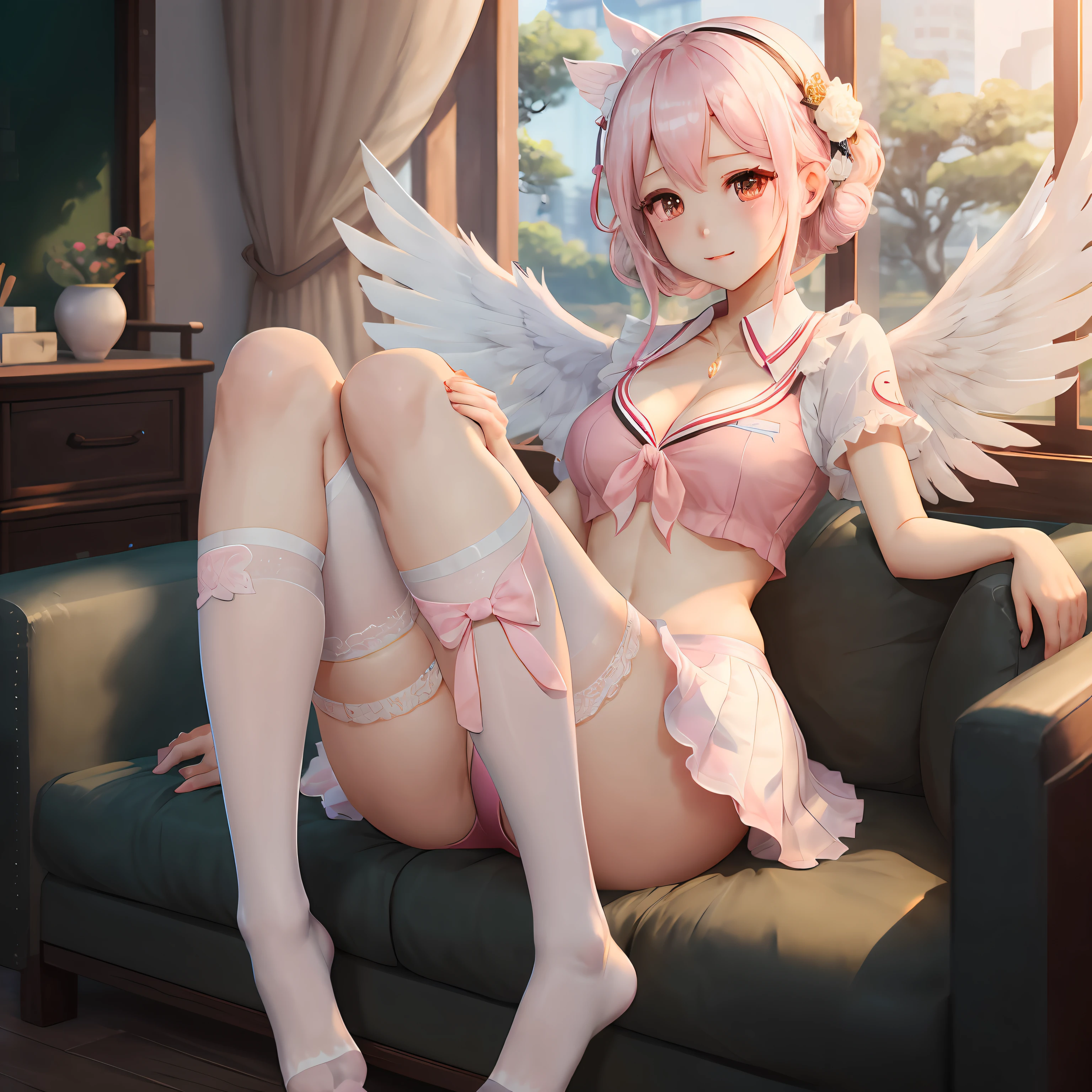 (8K, Best quality, tmasterpiece:1.2),(Best quality:1.0), (超高分辨率:1.0)White wings,white stockings,Pink top,whaite hair,White skin,jade foot,Cover your chest with your hands,schoolgirls --auto