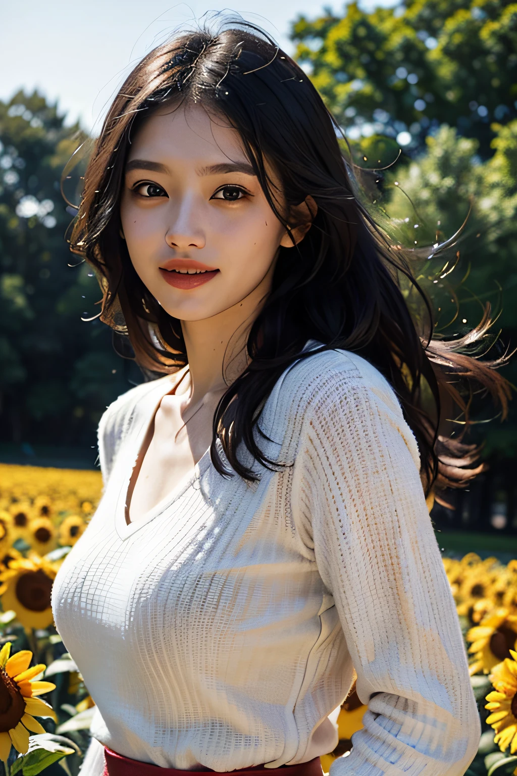 (in 8K、 Raw photography、top-quality,、hight resolution),、(hyper realisitic)、(realisitic),、Soft light、、girl with、Lifelike face、Realistic body、real looking skin、absurderes、​masterpiece、Cuties、独奏、Innocent eyes、blusher、Cinema Lights、cherry colored lips、The hair 、a closeup、looking at viewert、 Open lips,、Upper teeth,、(Smiling eyes:0.6)、eyes focus、professionally lit、CG Social Trends、Plastic En、((Black Long Hair))、((Beautuful Women))、(A smile)、Fashionable、(A sexy)、Hair that flutters in the wind、((Flowing hair))、Happy -、fashion magazine、((lighting like a movie))、(the woods)、Sun flower、sunflowers fields、