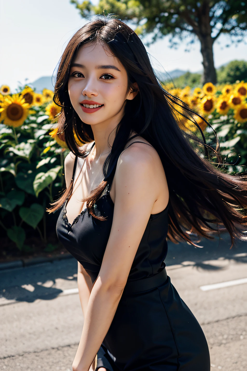 (in 8K、 Raw photography、top-quality,、hight resolution),、(hyper realisitic)、(realisitic),、Soft light、、girl with、Lifelike face、Realistic body、real looking skin、absurderes、masterpiece、Cuties、独奏、Innocent eyes、blusher、Cinema Lights、cherry colored lips、The hair 、a closeup、looking at viewert、 Open lips,、Upper teeth,、(Smiling eyes:0.6)、eyes focus、professionally lit、CG Social Trends、Plastic En、((Black Long Hair))、((Beautuful Women))、(A smile)、Fashionable、(A sexy)、Hair that flutters in the wind、((Flowing hair))、Happy -、fashion magazine、((lighting like a movie))、(the woods)、Sun flower、sunflowers fields、