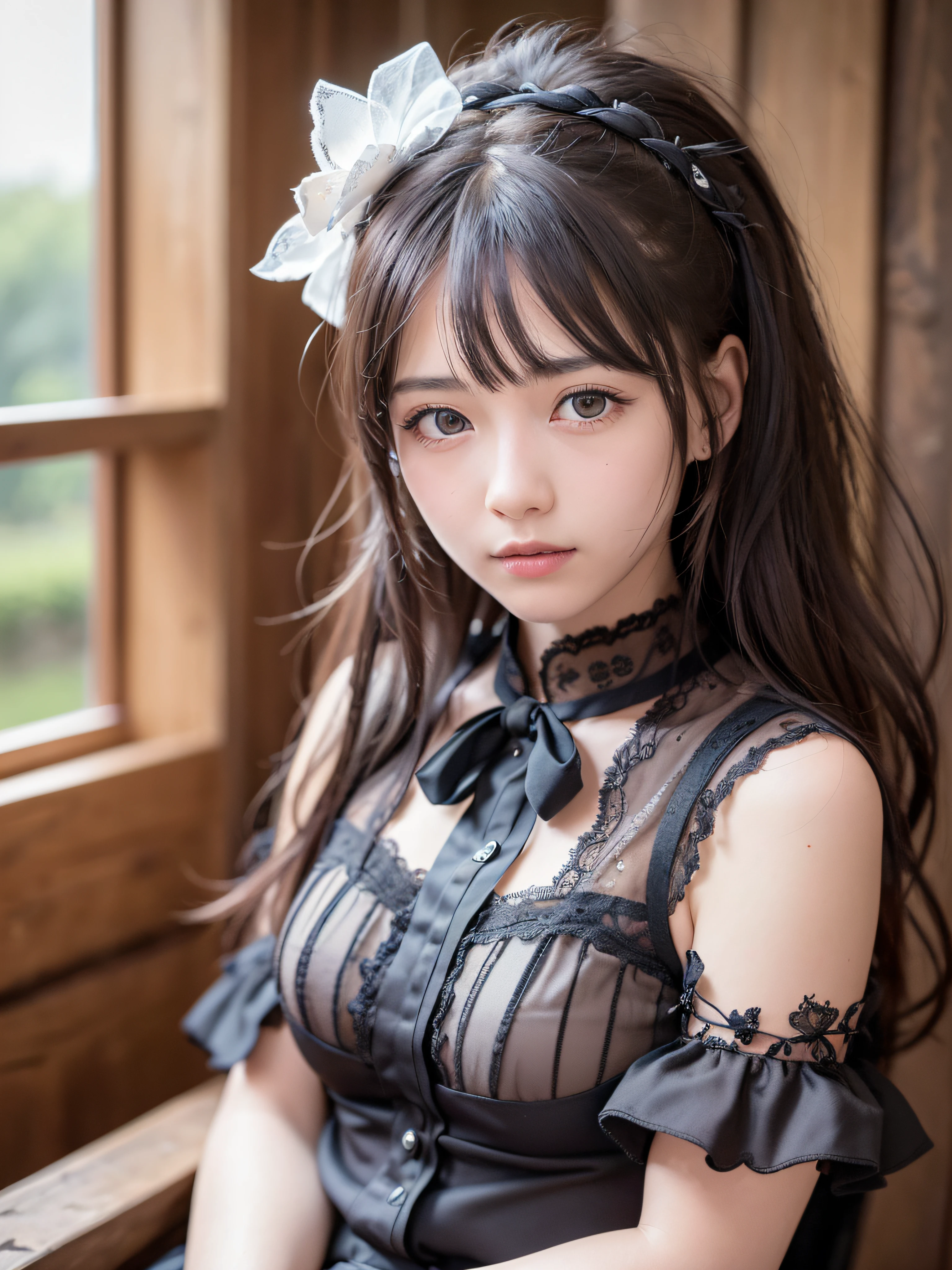 (realistic, photo realistic:1.37), incredibly absurdres, (insanely detailed:1.3), 8k, (masterpiece), (best quality:1.4), (ultra high res:1.2), (raw photo:1.2), (unity 8k wallpaper), 1 nogizaka girl, utterly cute, (bishojo:1.35), (15yo:1.4), ((alice and the pirates fashion)), delicate detailed beautiful dress, hair accessory with blue rose, an exquisitely detailed and beautiful face and eyes and skin, detailed black shine hair, smile at the camera, cowboy shot, gardens of petit trianon, farmhouse, ultra detailed background, professional lighting