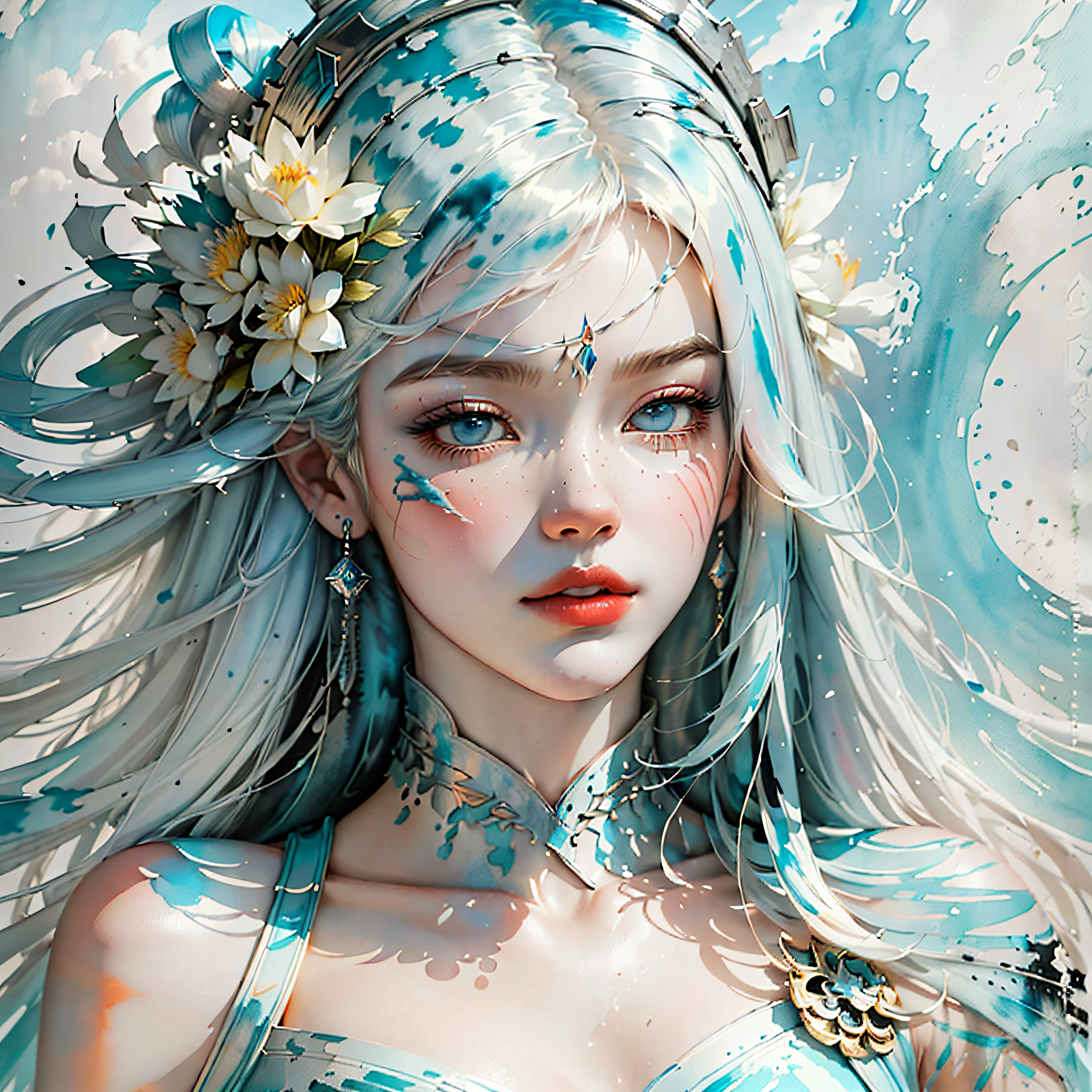 white colors,ancient wind,Long hair The eyes are obscured by white gauze,Sad ,Master masterpieces,k hd --auto