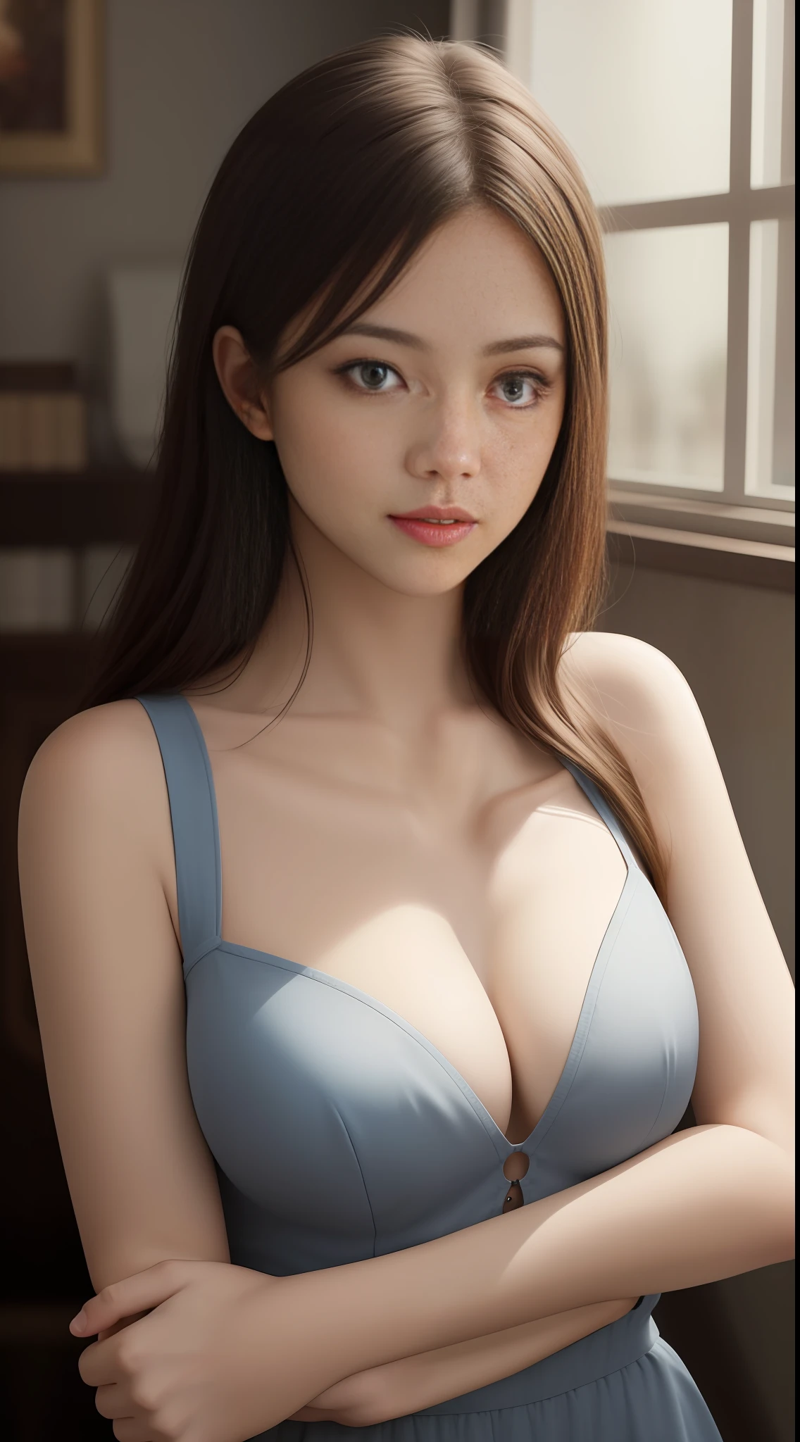 （（best qualtiy，8K，tmasterpiece：1.3）），beauitful face，（photograph realistic：1.4），gentlesoftlighting，（highdetailskin：1.3），Ultra HD in 8K，digital SLR camera，high qulity，A high resolution，4K，8K，absurderes，Optimal proportions of four fingers and one thumb，（Realistis：1.4），（（Realistic interior：1.3）），Highly Detailed Face and Skin Textur，Detailed eyes，二重まぶた，full-body view，1个Giant Breast Girl，