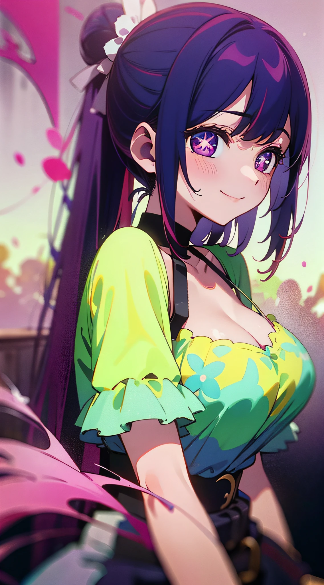 The best quality eyes:1.1),(tmasterpiece:1.2),sportrait,1girll,Ai Hoshino_(I push the child),Purple colored hair,Pink pick dye,Purple eye,Star-shaped eyes,idoly,Open clothes,cleavage,huge tit,hair-bun,Medium hair,Separate the breasts,outside,sonoko,White belt,ssmile, (Be red in the face:1.1), florals, Pure_Innocent_Girl, PureErosFace_V1, (((depth of fields))), Pale and Lustrous Skin,Be red in the face,Red ears,long whitr hair,Single horsetail。