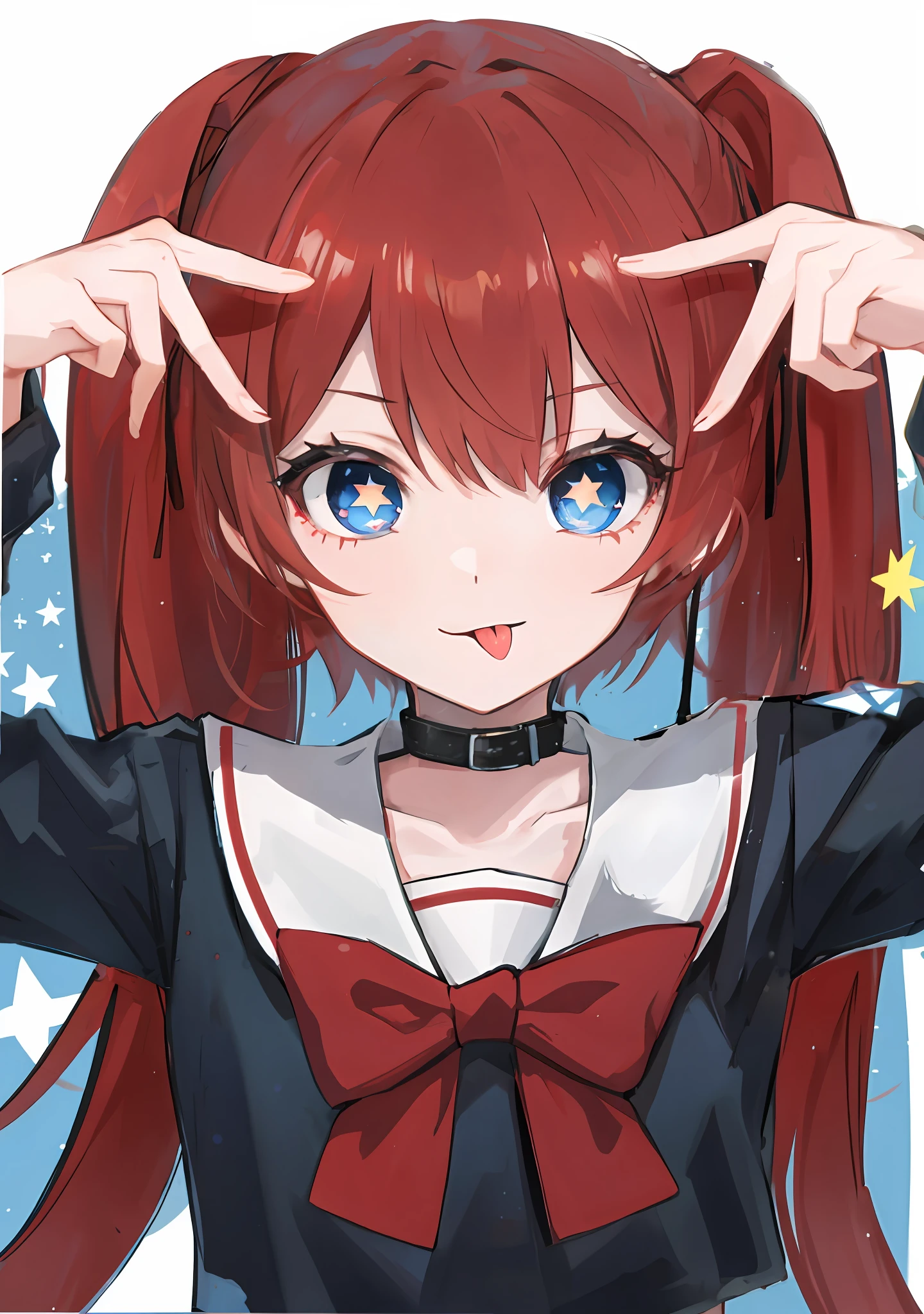 ai's pose, 1girl, solo, black background, 1girl, long hair,star (symbol), symbol-shaped pupils, red hair,blue eyes,twintails,loli,serafuku,Black collar,Sticking tongue out