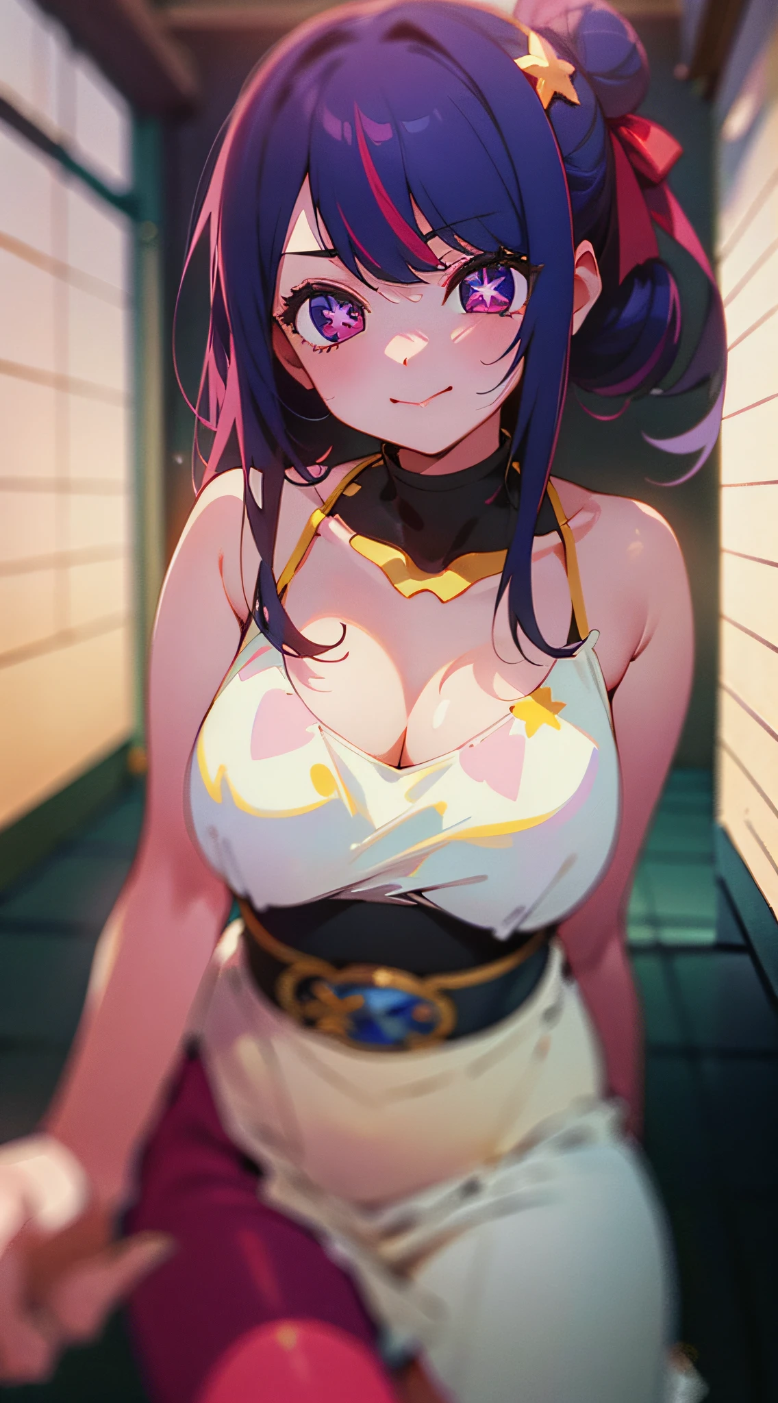 The best quality eyes：1.1），（tmasterpiece：1.2），sportrait，1girll，Ai Hoshino_（I push the child），Purple colored hair，Pink pick dye，Purple eye，Star-shaped eyes，idoly，Open clothes，cleavage，huge tit，hair-bun，Medium hair，Separate the breasts，outside，sonoko，White belt，ssmile， (Be red in the face:1.1)， florals, Pure_Innocent_Girl, PureErosFace_V1, (((depth of fields))), Pale and Lustrous Skin,Be red in the face，Red ears，long whitr hair，Single horsetail。