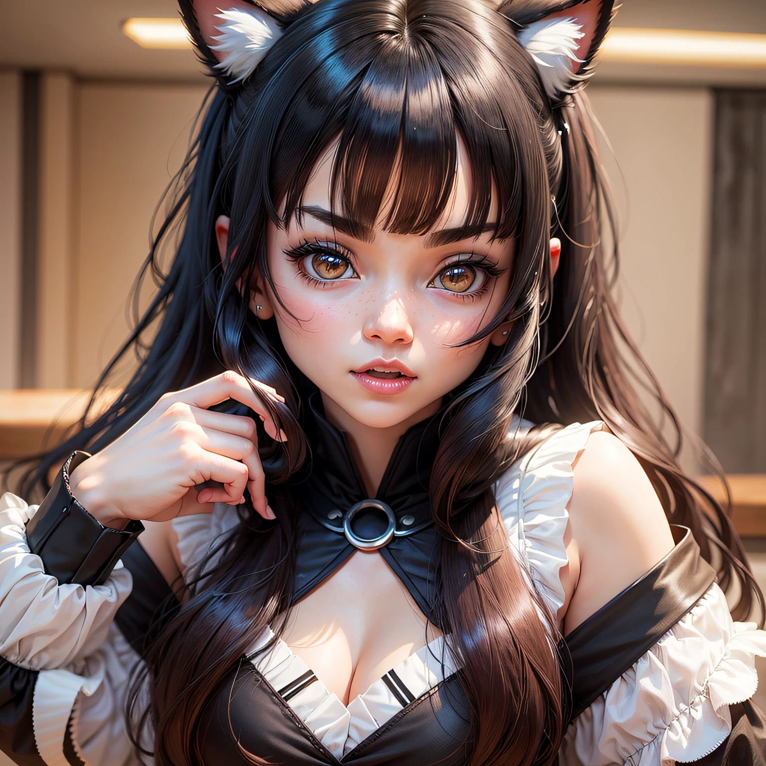 black hair, hair bobbles, wince, longeyelashes, solid circle eyes, fake animal ears, fang, silver hair, messy hair, heart-shaped pupils, gradient eyes, longeyelashes, open mouth, drunk, ear blush, heavy breathing, full blush, drooling, torogao, endured face, happy, saliva trail, fang out, drop shadow, anaglyph, stereogram, tachi-e, atmospheric perspective, 8k, super detail, ccurate --auto