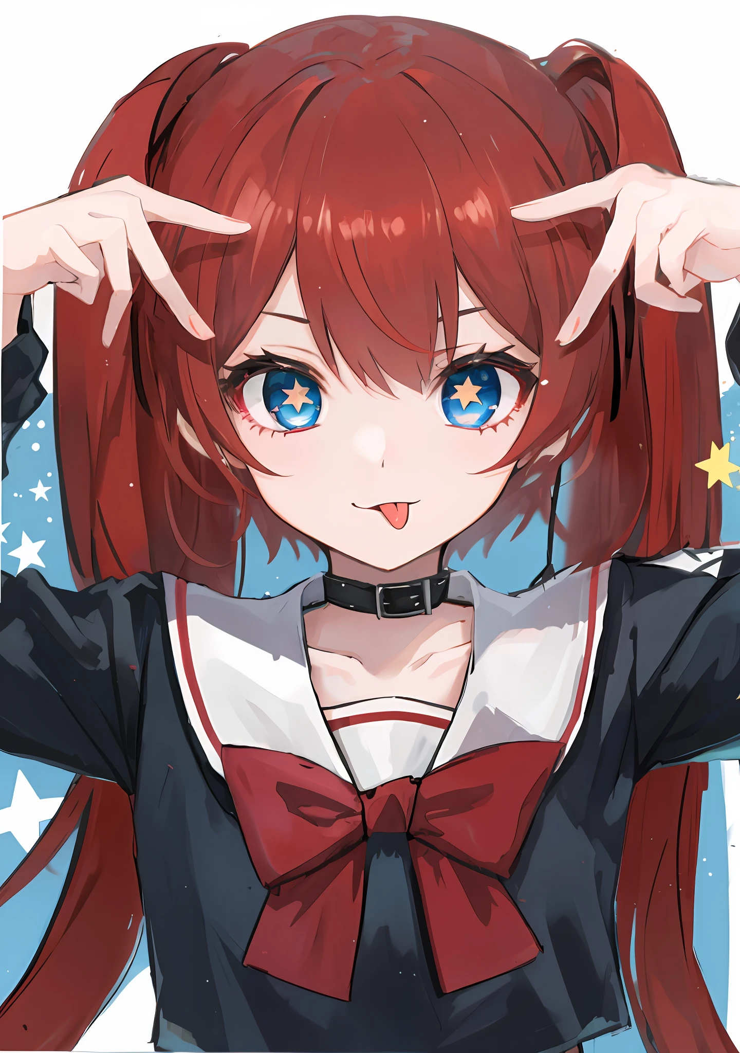 ai's pose, 1girl, solo, black background, 1girl, long hair,star (symbol), symbol-shaped pupils, red hair,blue eyes,twintails,loli,serafuku,Black collar,Sticking tongue out