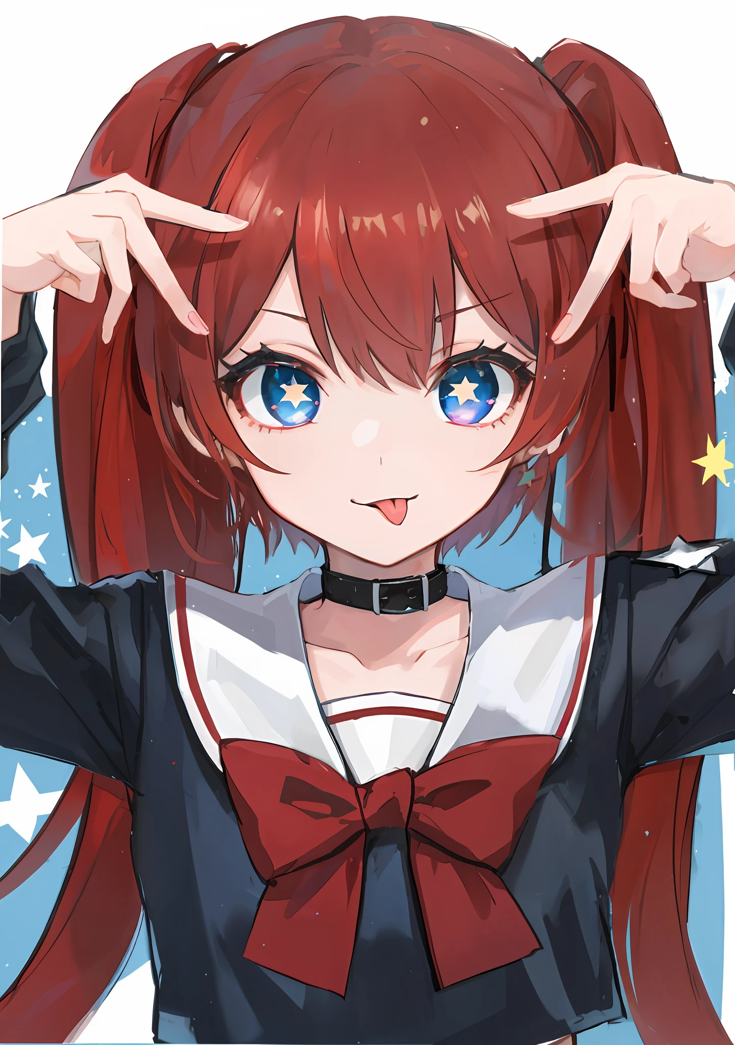 ai's pose, 1girl, solo, black background, 1girl, long hair,star (symbol), symbol-shaped pupils, red hair,blue eyes,twintails,loli,serafuku,Black collar,Sticking tongue out