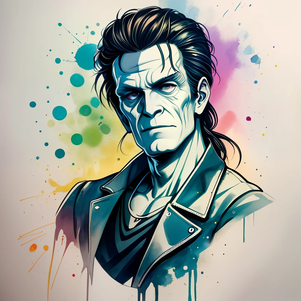 O Personagem Frankenstein em estilo aquarela, Design com qualidade de 32k, inspirada em design de camiseta, com estilo aquarela, made by DSLR Camera, enquadramento total, Centralizado, fundo branco, maximum quality, maximum details. Imagem de um excelente pintor.