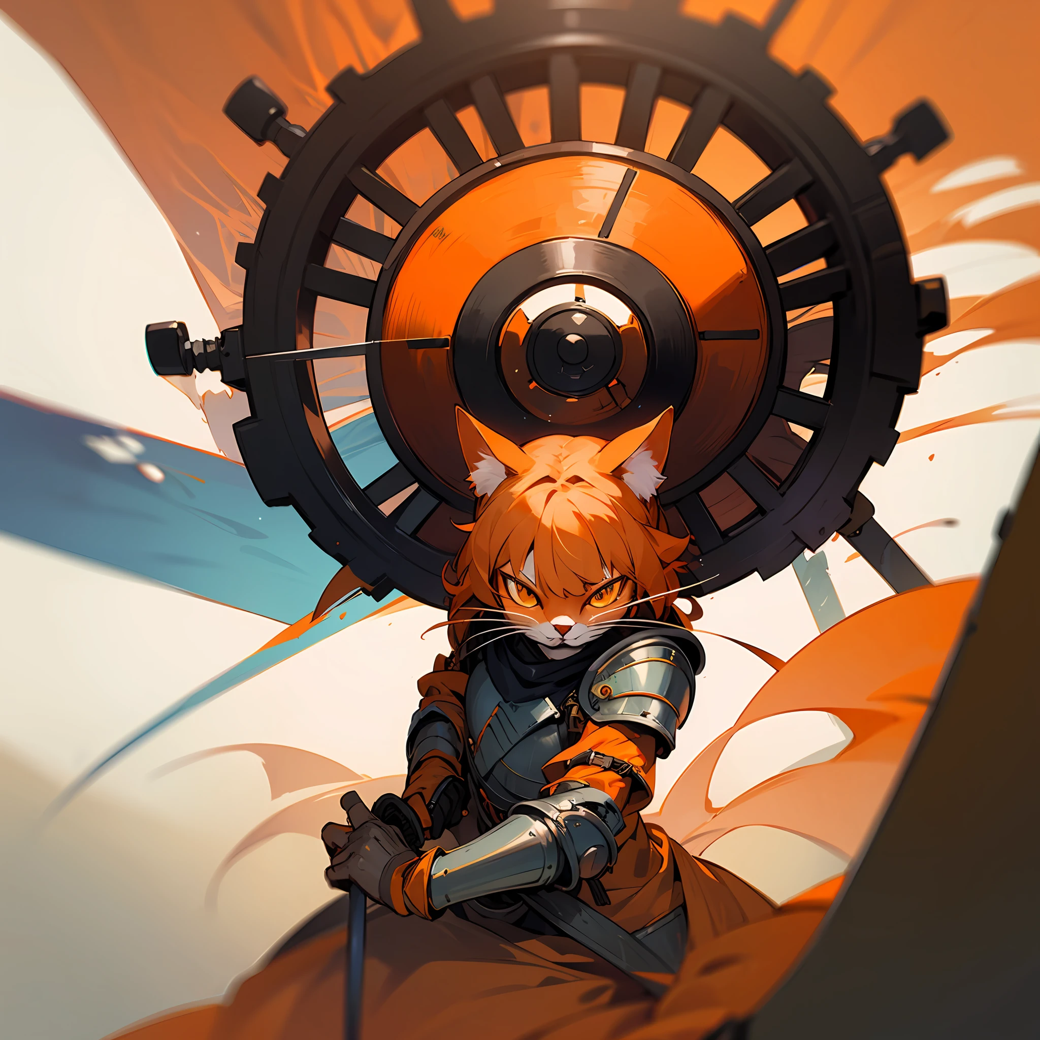 orange cat,warriors,armour,gear wheel,big sword --auto