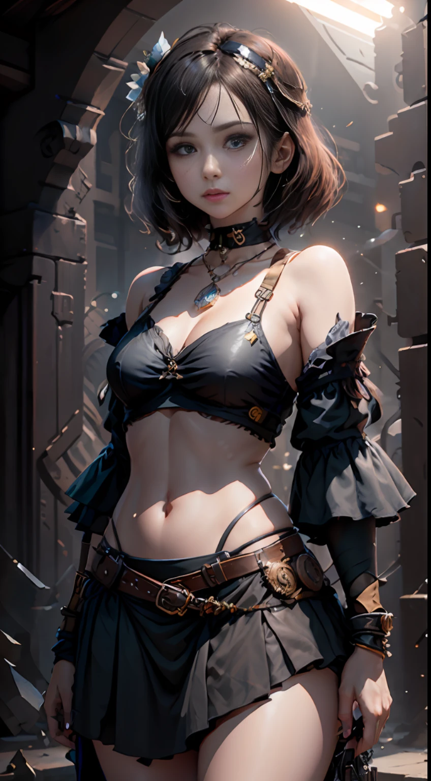 A high resolution,1girl,Porcelain skirt,hair adornments,choker necklace,jewely,beautiful face,Physically,dingdall effect,realisticlying,dark studio,edge lit,twotonelighting,(highdetailskin:1.2),8k uhd, dslr, softlighting, high high quality, volumettic light, photore, A high resolution, 4k,, Background bokeh