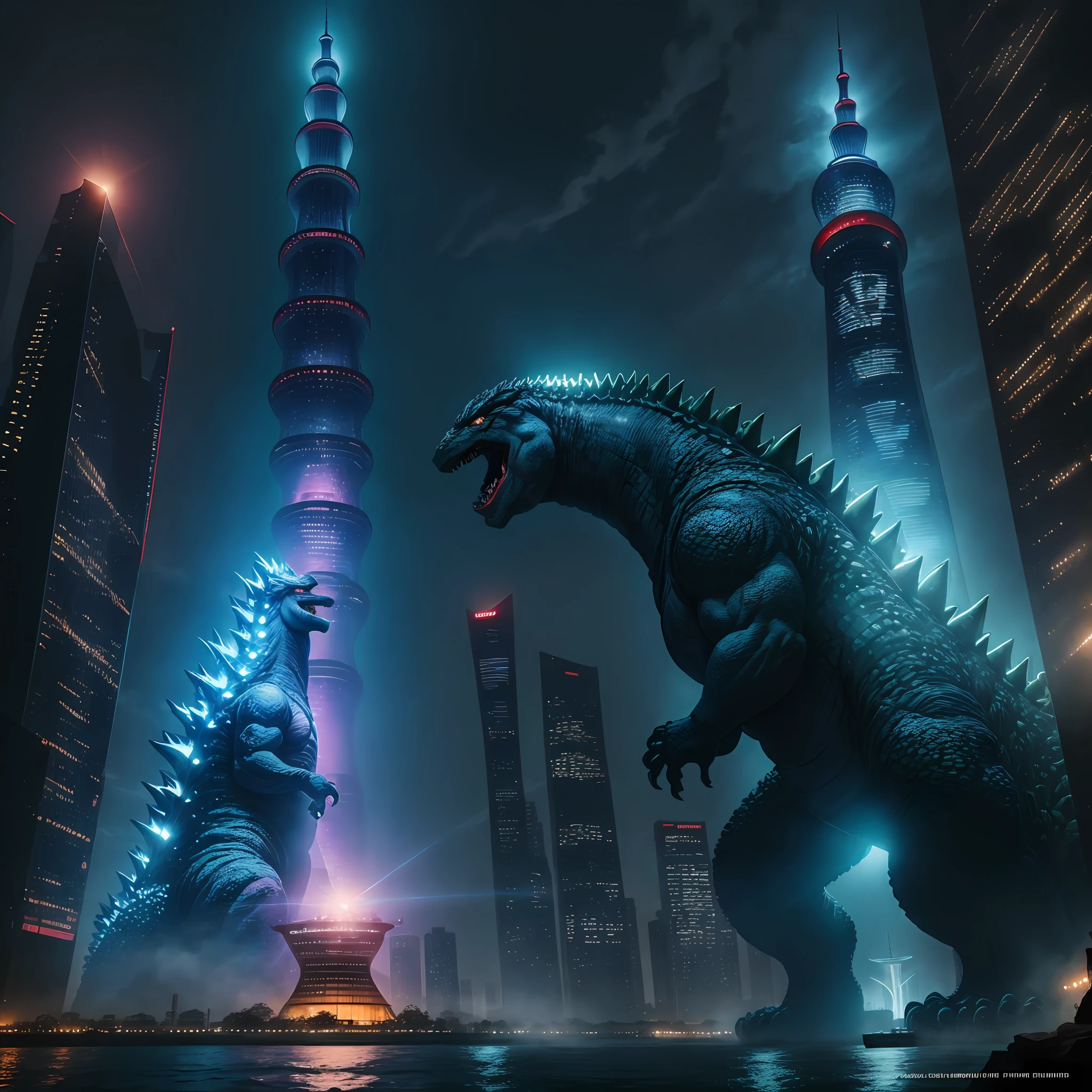 Super Saiyans play Godzilla next to Canton Tower，8k，tmasterpiece，Ultra-high quality --auto