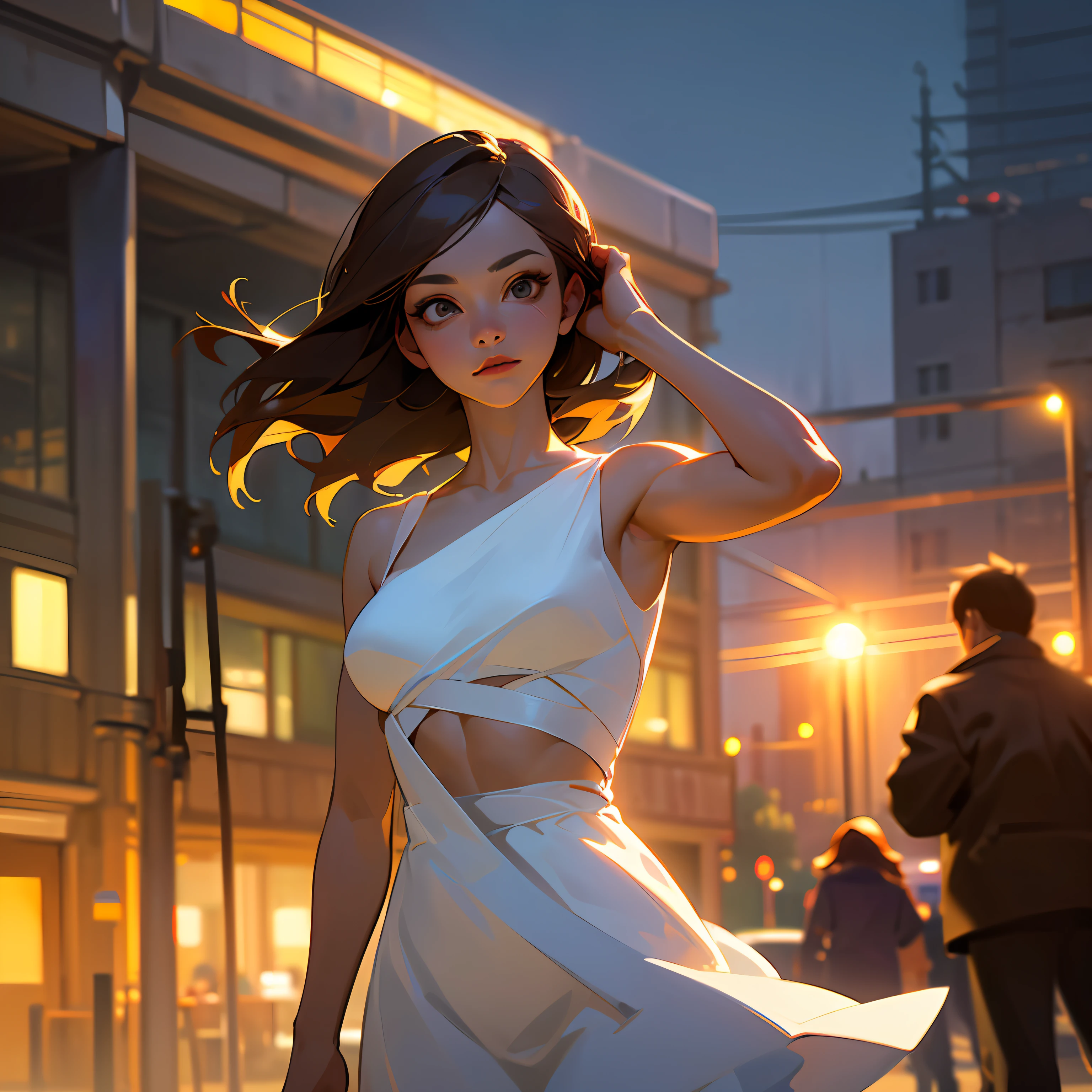 ((Realistic lighting, Best quality, 8K, Masterpiece: 1.3)), Focus: 1.2, 1girl, Perfect Figure: 1.4, Slim Abs: 1.1, ((Dark brown hair)), (White dress: 1.4), (Outdoor, Night: 1.1), City streets, Super fine face, Fine eyes, Double eyelids, --auto