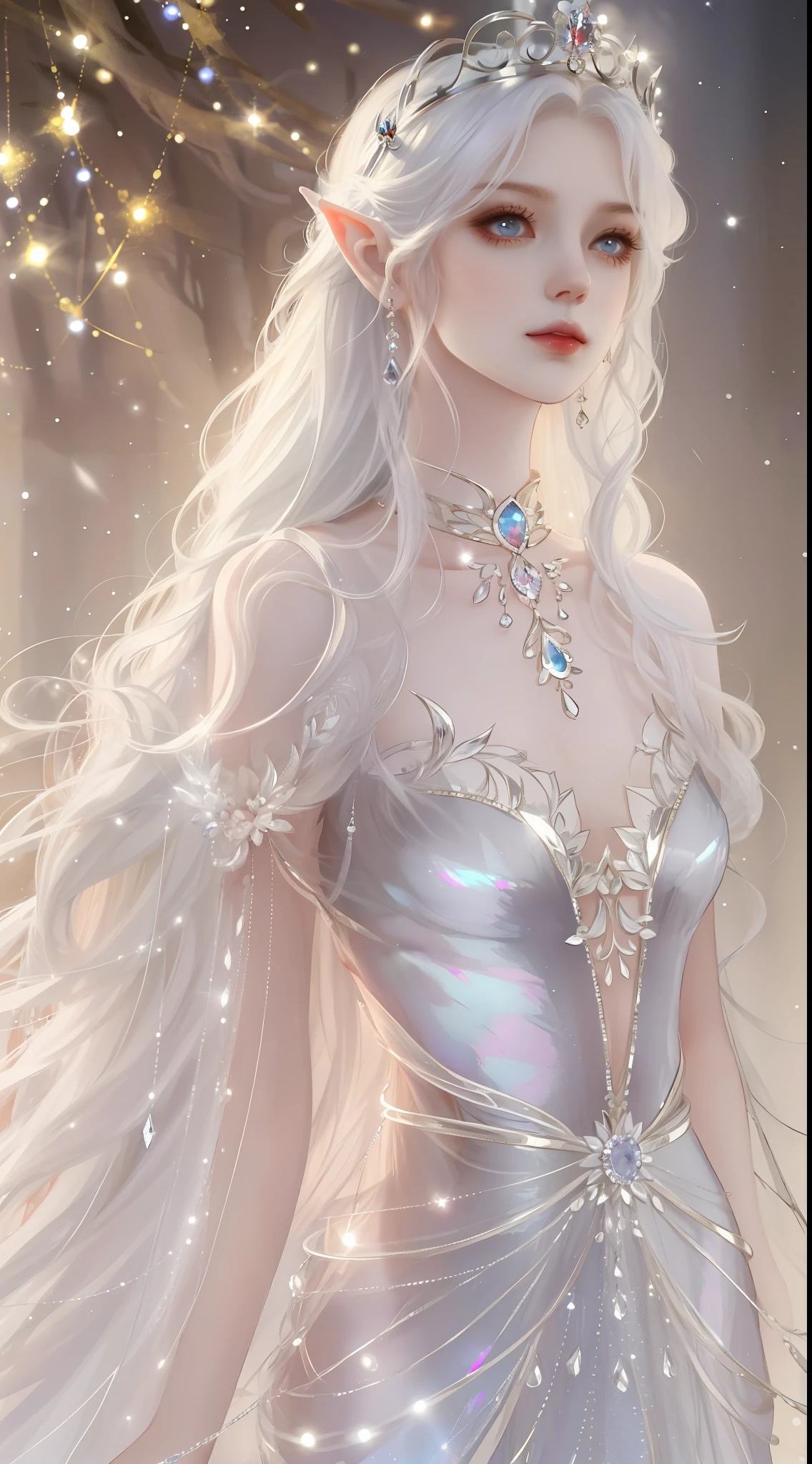 A woman wearing a crown、full bodyesbian,beautiful and elegant elf queen,(long white hair,White-colored skin,Elf Girl,The skin is translucent white,sparkle in eyes,Gorgeous costumes,Crystal shoes),beautiful face,Lonely pale face,Guvez fantasy art style,8K high quality detailed art,tmasterpiece,top Quority,best qualtiy,offcial art,(Beautiful and aesthetic:1.2)