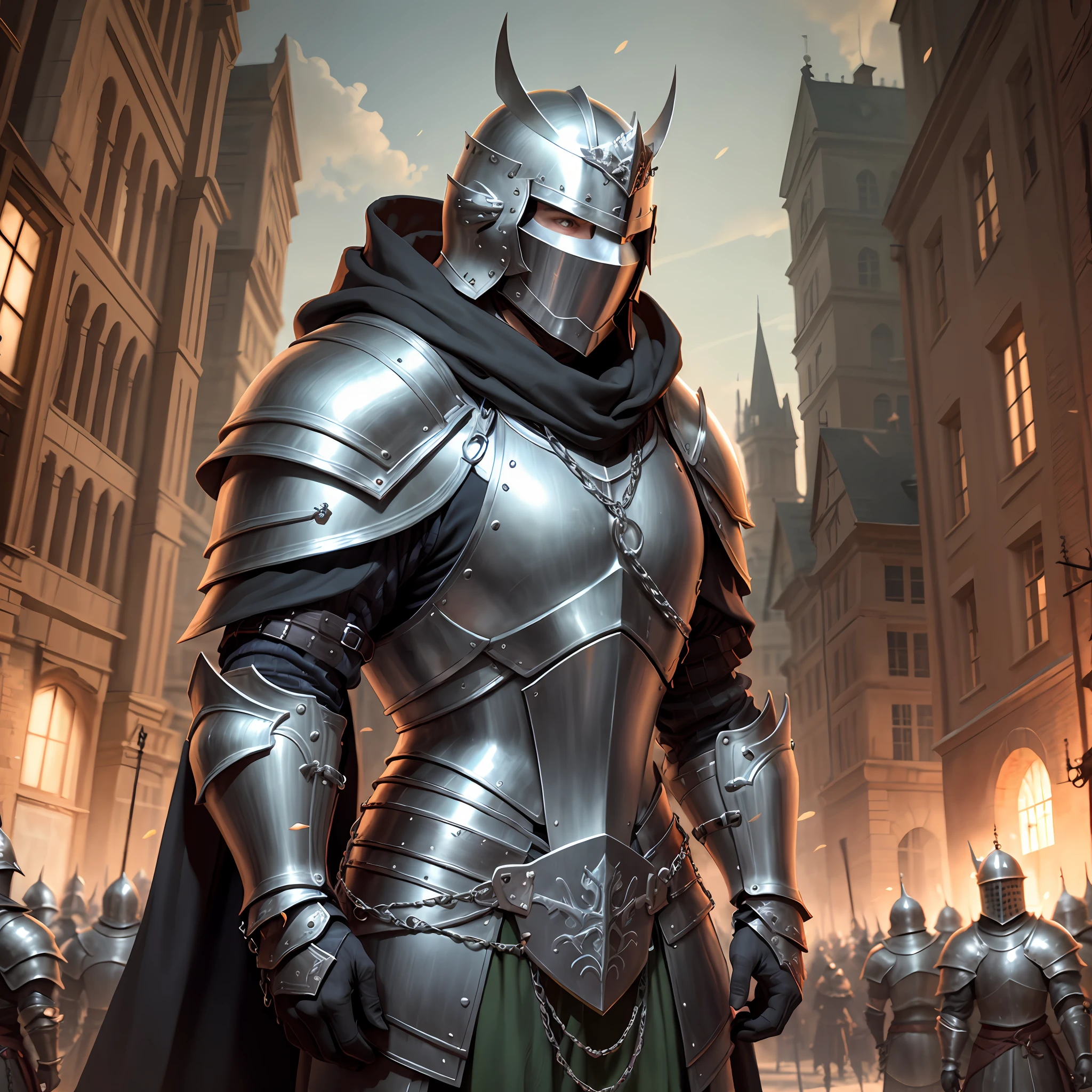 Man, tall, Black armor, Plate armor, Closed helmet, Middle Ages, Green cloak behind the back, Face not visible, Plate gloves, chain mail, Heavy armor, king, crown, black armor, tall, chain mail skirt, slender, gothic armor