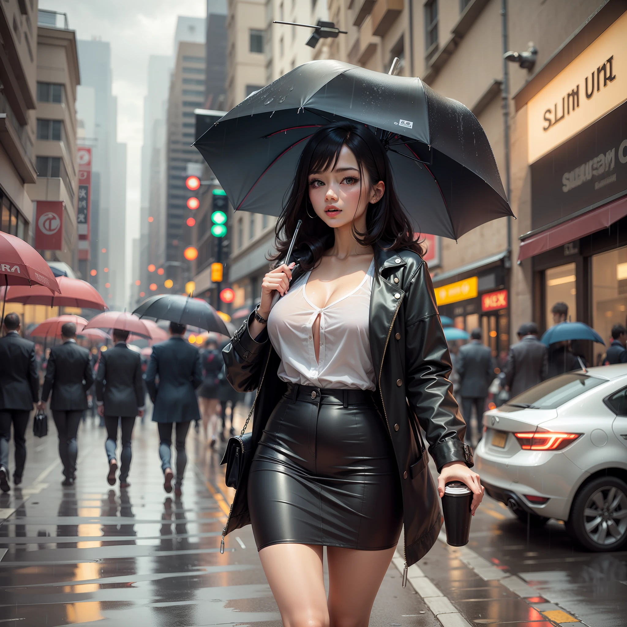 raining day，Bustling street，Slim girl，Bigchest，slenderlegs，holding a umbrella