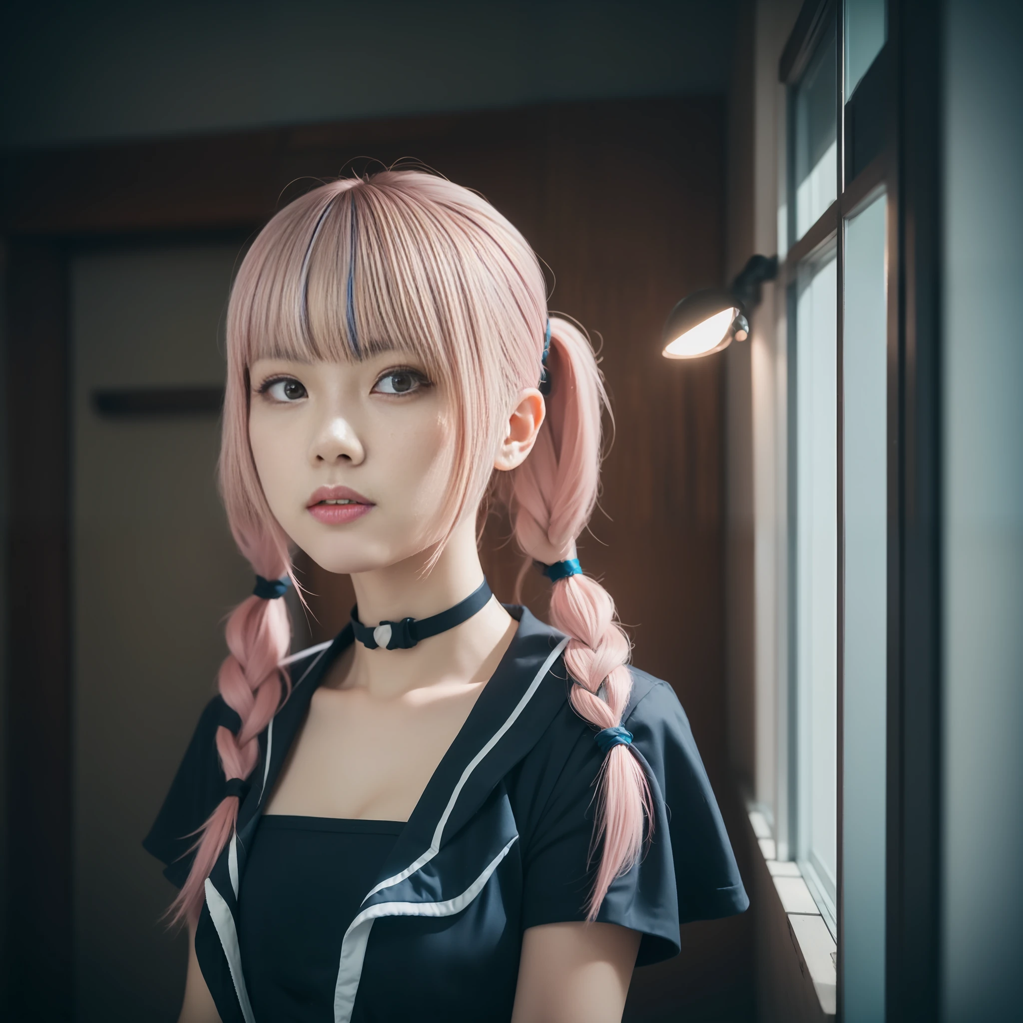 (masterpiece), (best quality), photorealism, realistic, ultra detailed, 8k resolution, (1girl), solo, beautiful, pink twintail hair, blue highlight hair, minato aqua, front light, cinematic light, cold light, cosplay, minato aqua cosplay, vtuber, indoor, bedroom