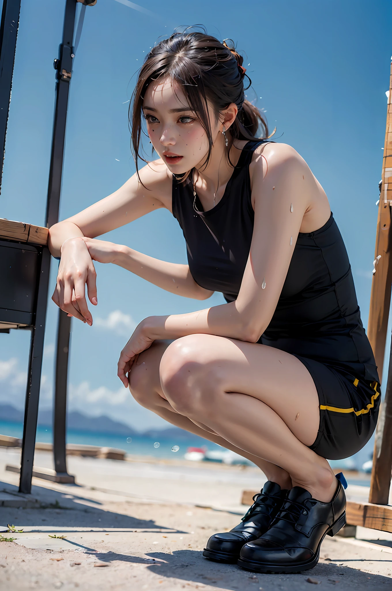 (masutepiece, Highest Quality; 1.3),((masutepiece, Highest Quality, Ultra-detailed, Photographic, Realistic, Full body,)),) 

BREAK.
man, Squatting, ((Sweating: 1.5,)), He is nodding.

break
blue sky, Sunny, Sun, fresh