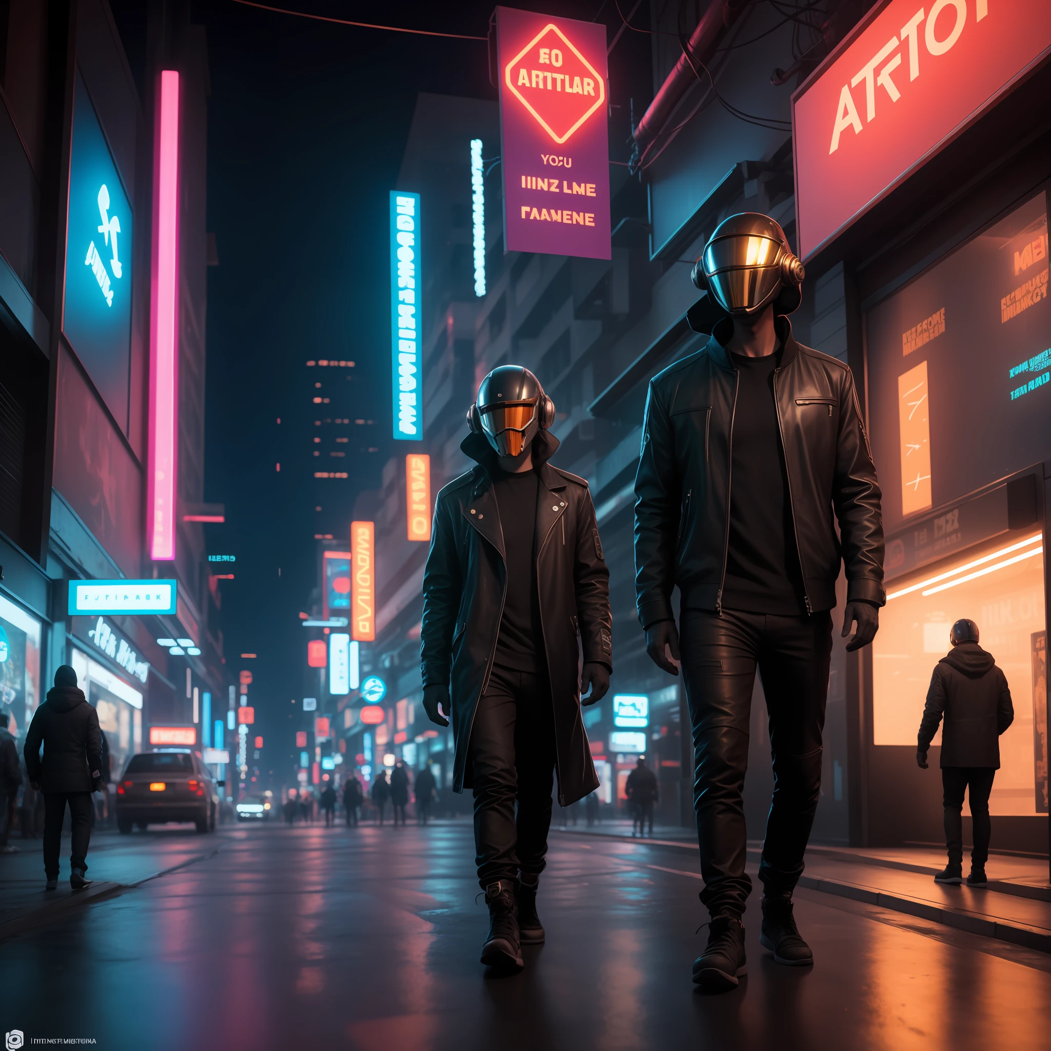 masterpiece, full-body shot, intrincate raw photography)cyberpunk citizen in oversize techwear, using a black astro daftpunk style helmet, neon light details, intrincate, futuristic, sharpness, ramdom pose, cyberpunk city, street neon lights, insta pic, photo of the year, octane render, substance, maya 3d, cinema4d, artstation trending, devian art trend,