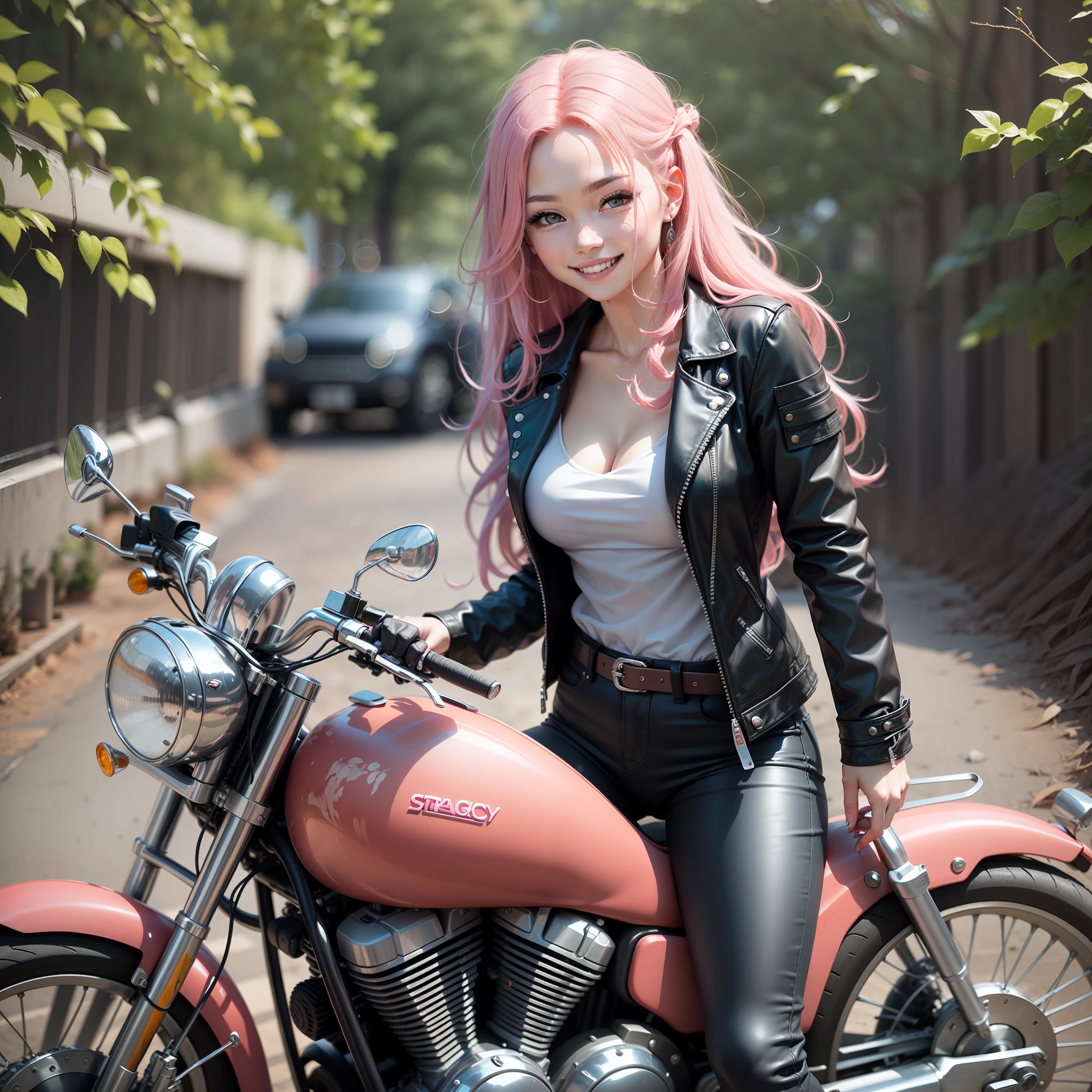Beautiful girl in top quality leather jacket、Straddling a motorcycle with long pink hair fluttering with a smile、Ultra-high resolution masterpieces。A girl in leather pants、with a beautifull smile、Painted with a spectacular background。