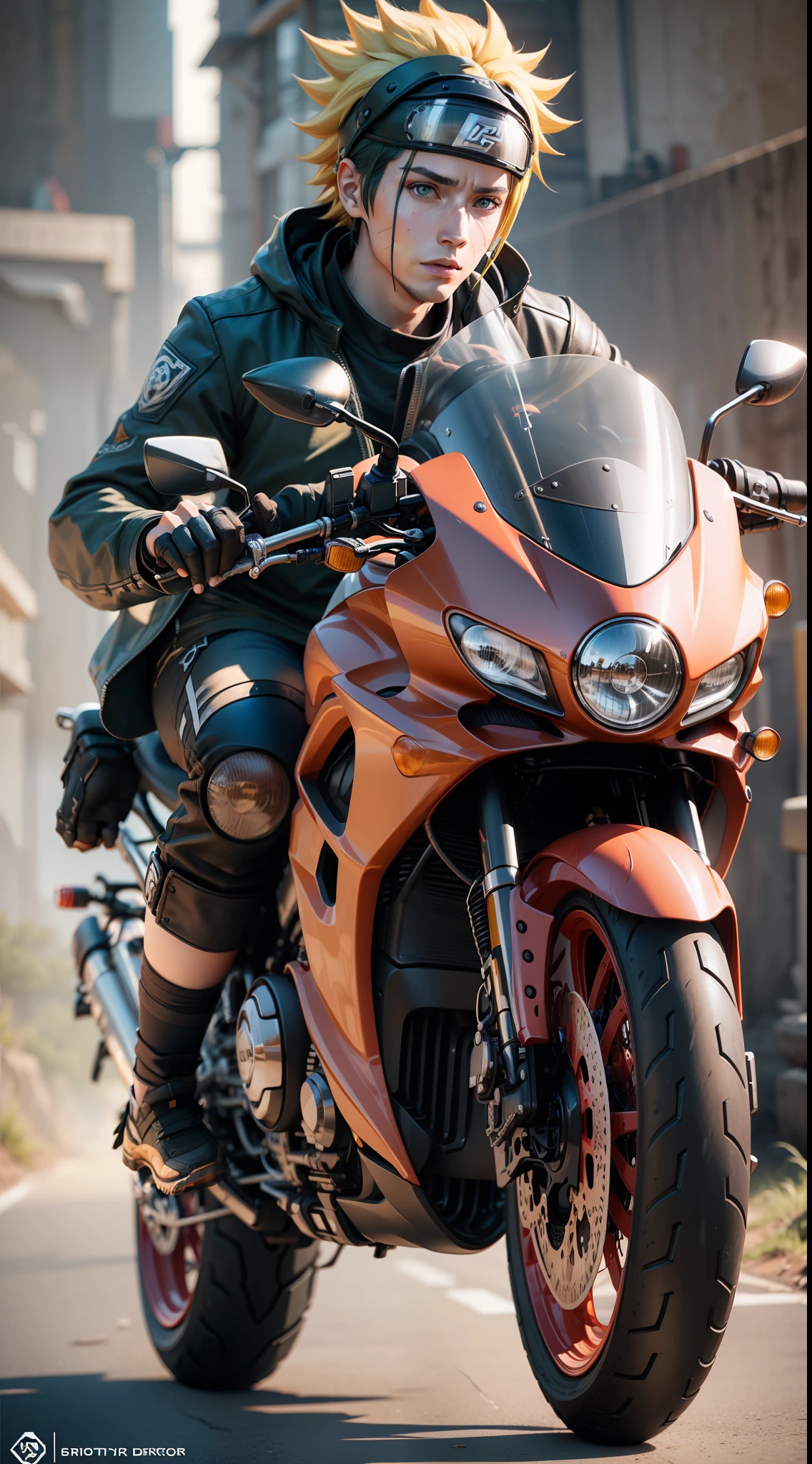naruto with motorcycle. octane render, unreal engine, volumetrics dtx. Lon shot, wide shot, full shot