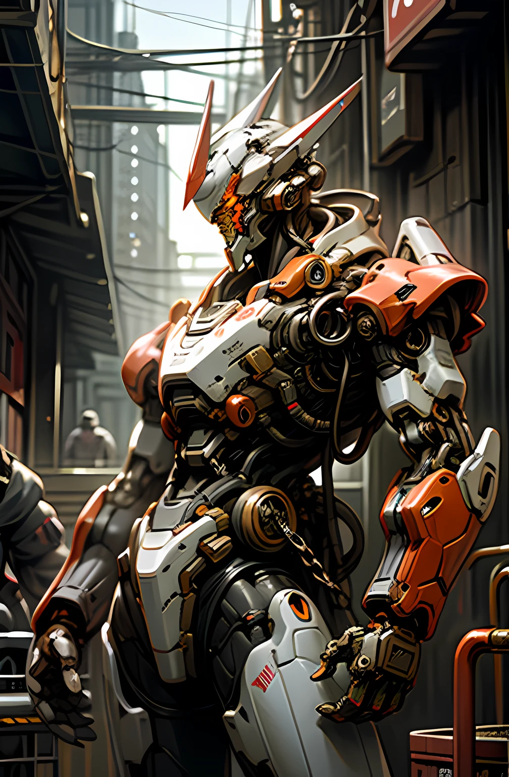 Dark_Fantasy,Cyberpunk,(chain saw,chain saw man,Red:1.1),1man,Mechanical marvel,Robotic presence,Cybernetic guardian, wearing a worn-out mech suit, intricate, (steel metal [rusty]), elegant, clear focus, shot by greg rutkowski, soft lighting, vibrant colors, masterpiece, ((street)), cowboy shot, dynamic pose,