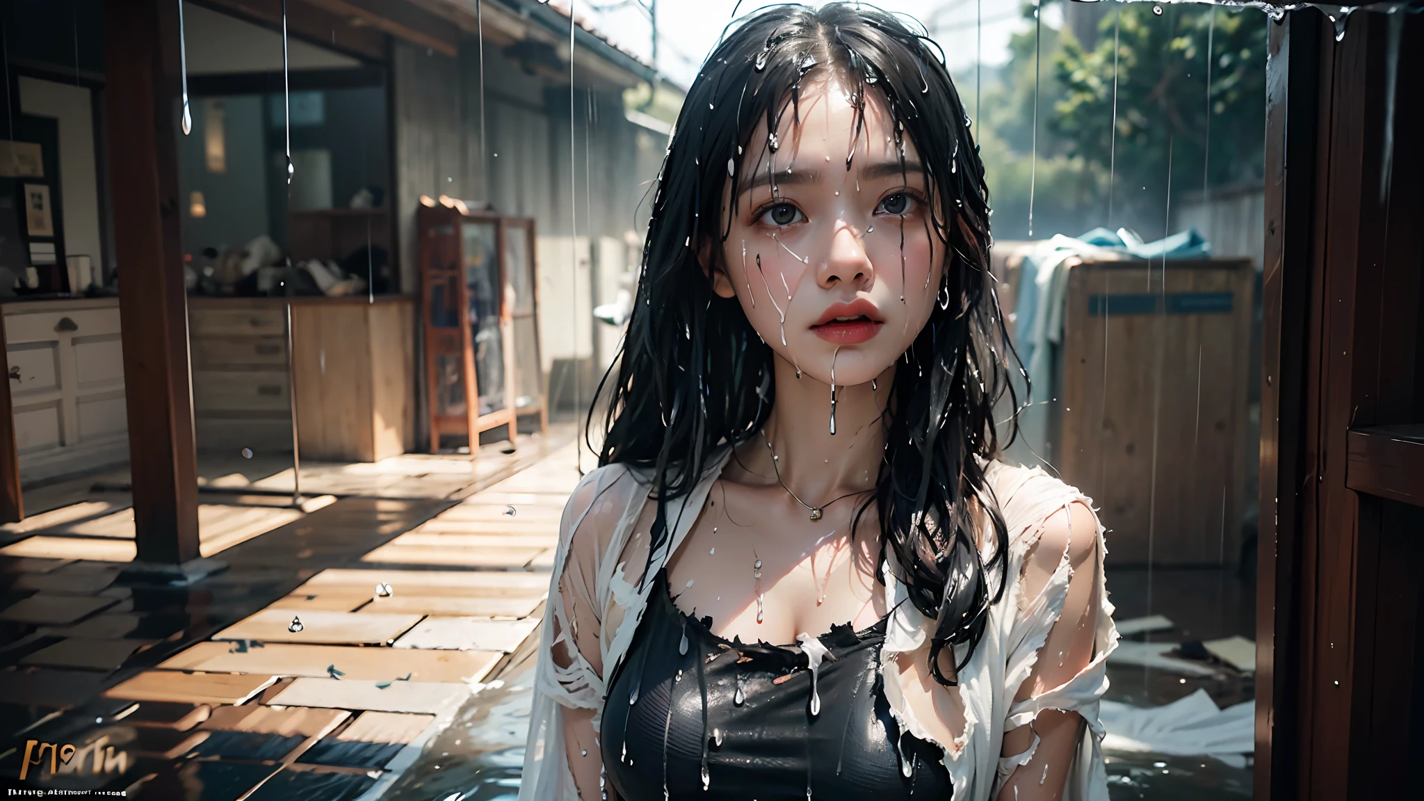 Best picture quality, masterpiece, ultra high resolution, (fidelity :1.4), photo, 1 girl,[(sadness)],white shirt, Dim, dark, desperate, pitying, pitiful, cinematic,tear,teardrop,(Torn clothes:1.5), (Wet clothes:1.4), bare shoulders,Real rain,wet hair,..