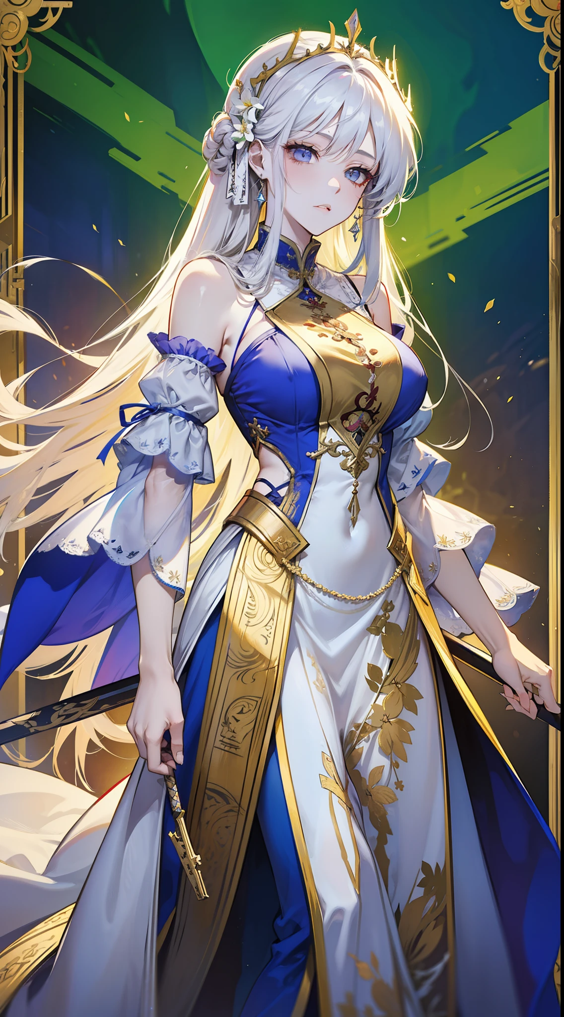 （absurderes，A high resolution），（full bodyesbian），A woman who is，Middle aged，big breasts beautiful，Tall，Gold and silver decoration，Delicate long dress，The queen dresses，Lilac intricate dress，Exquisite，closing her eyes，pale-blonde hair，Delicate wand，borgar，a queen，Anime girl with long white hair and white dress holding sword,Kushatt Krenz Key Art Women, Anime goddess, Portrait Chevaliers du Zodiaque Fille, ((a beautiful fantasy empress)), Detailed key anime art, beautiful and seductive anime woman, trending on artstation pixiv, royal elegant pose, Best anime 4k konachan wallpaper