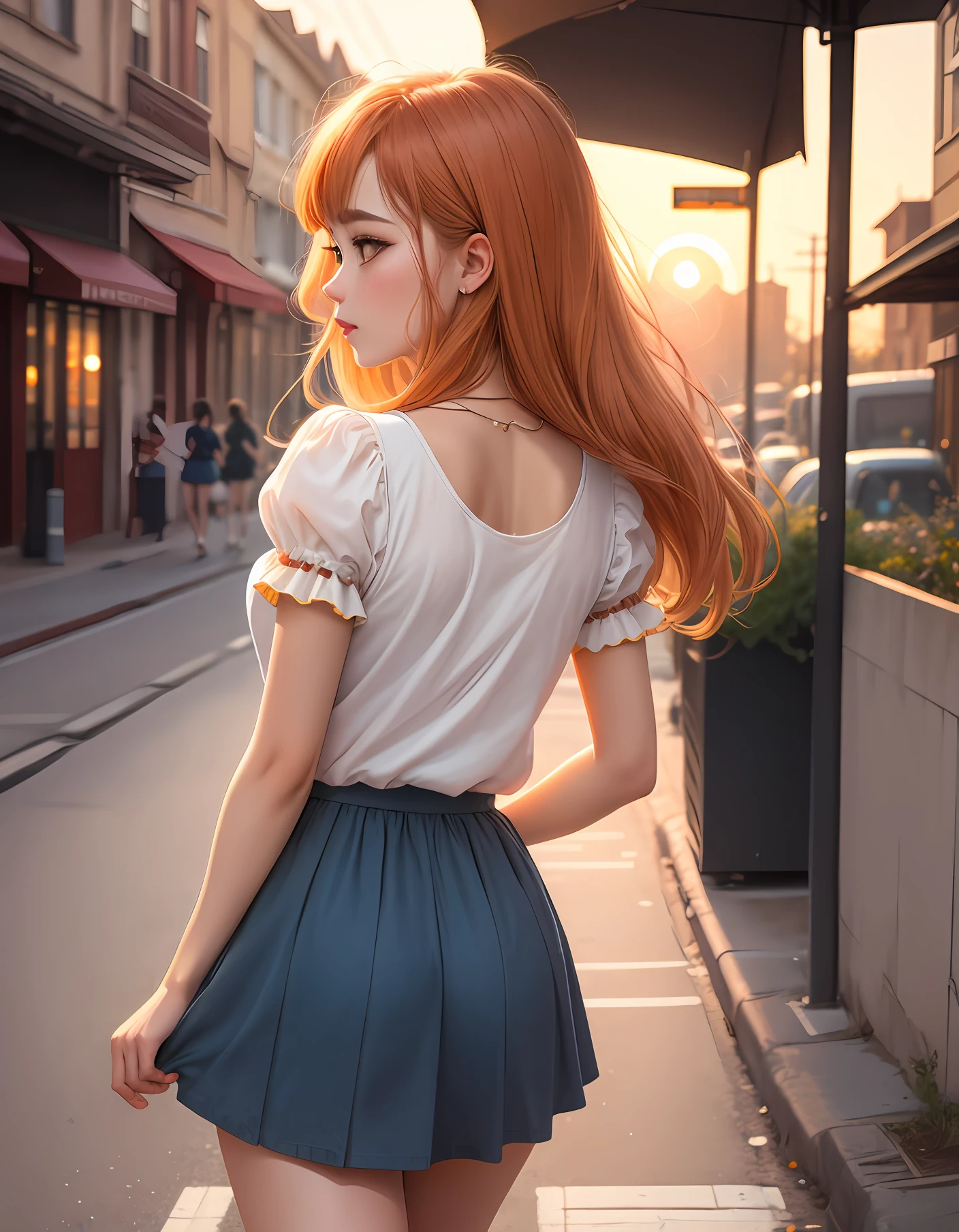 Internet celebrity short sleeve ins summer trend boy and puff sleeve tea break skirt mid-length waist nipped-in summer temperament girl walking retro streets under orange sunset,Back Shadow