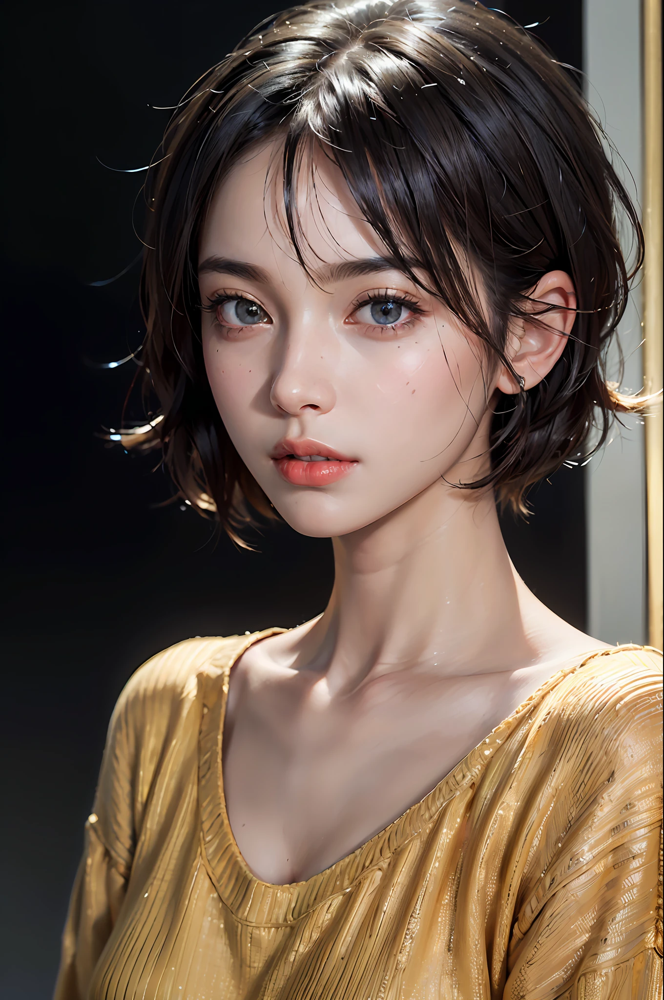(masterpiece:1.3), (8k, photorealistic, RAW photo, best quality: 1.4), (1girl), beautiful face, (realistic face), (black hair, short hair:1.3), beautiful hairstyle, realistic eyes, beautiful detailed eyes, (realistic skin), beautiful skin, (sweater), absurdres, attractive, ultra high res, ultra realistic, highly detailed, golden ratio