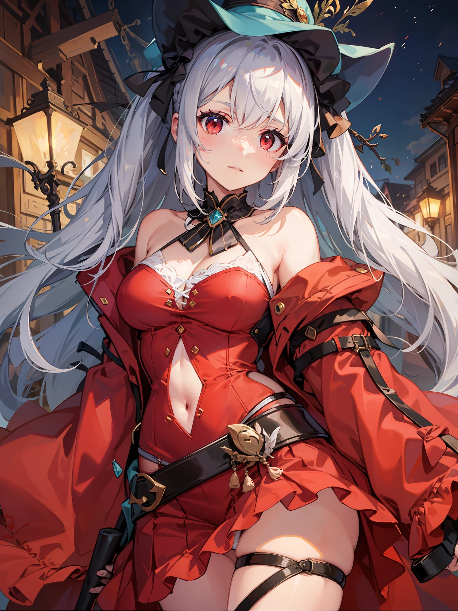 skadiCH hairstyle, Costume - Skatić, 1girll, long whitr hair, 独奏, red eyes, nedium breasts, long whitr hair, The barefoot, staff member, greyt hair , By bangs, naked leg, upper legs, Hold the staff, bucket-hat, aqua headwear, mediuml breasts,A pair of white panties hangs from one leg,Occlusion of critical areas