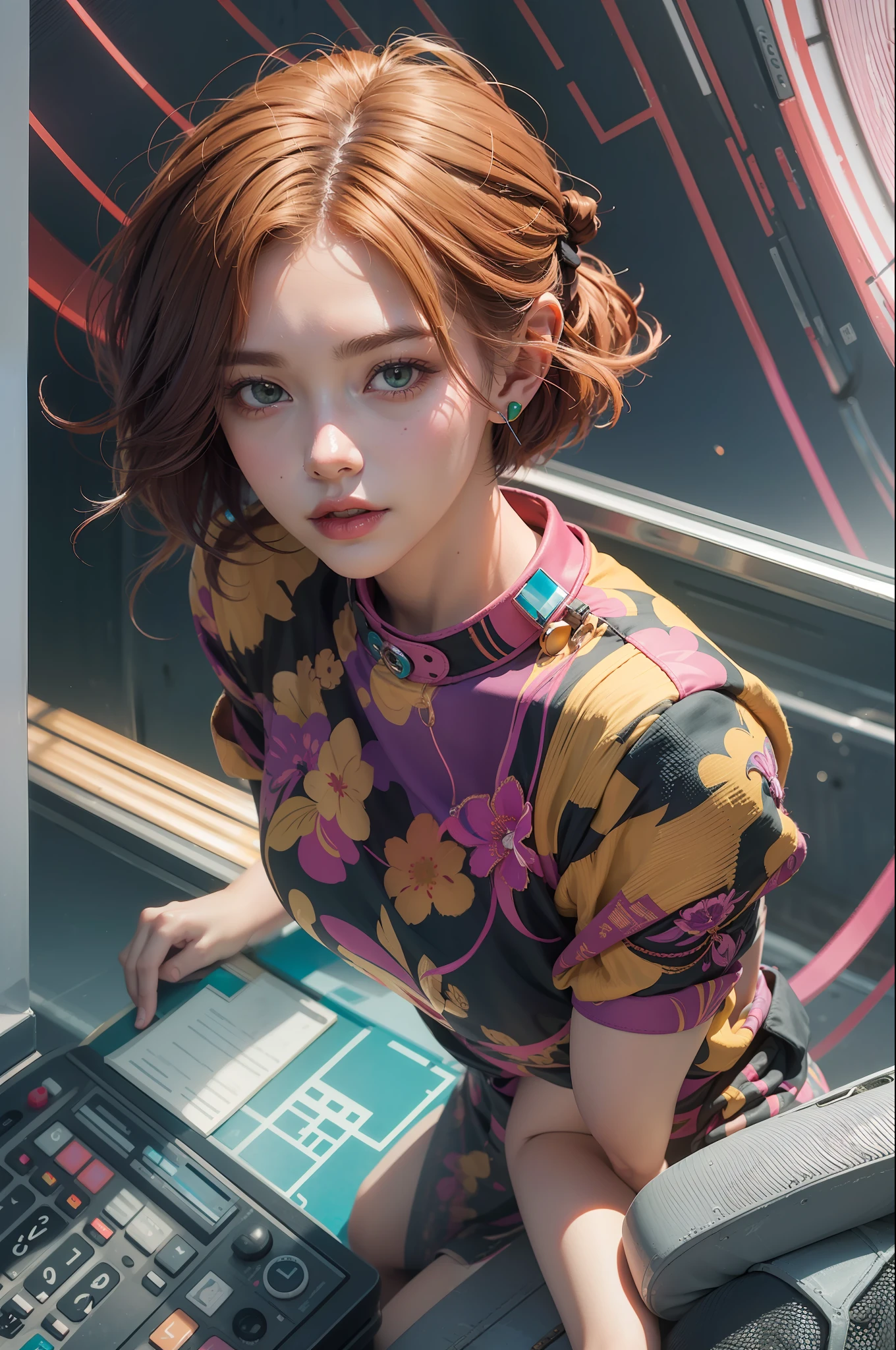 concept art, overhead angle of a Will-o'-the-wisp, wearing Funny Somali Emerald deep orange Pinafore, Caramel hair styled as Short hair, fluorescent purple Hair tie, equirectangular 360, Highres,  [(art by Willi Baumeister:1.1), (art by John T. Biggers:1.2)::17], official art, unity 8k wallpaper, ultra detailed, aesthetic, masterpiece, best quality, photorealistic